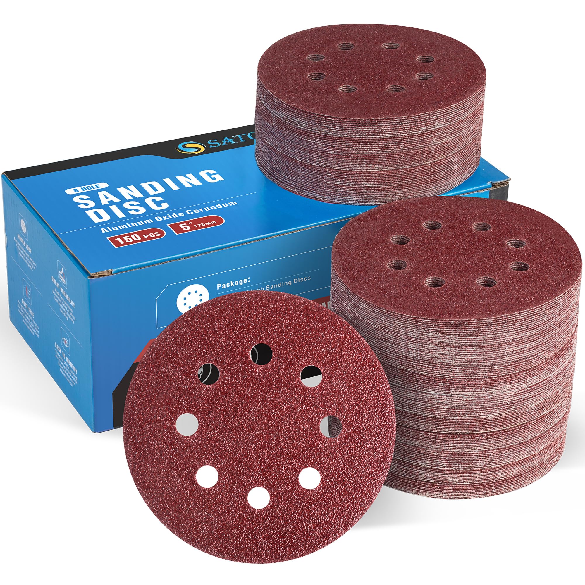 S SATC 5 Inch 8 Hole Hook and Loop Sanding Discs 60 Grit Random Orbit Sandpaper, 150 Pack