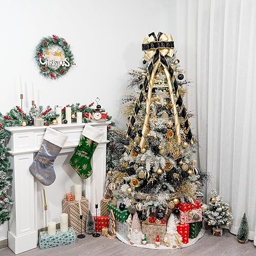 Miniatura 6 de Lazo grande de 53 x 13 pulgadas con serpentina de purpurina y cinta estampada, lazos decorativos para árbol de Navidad, corona, puerta, festival,