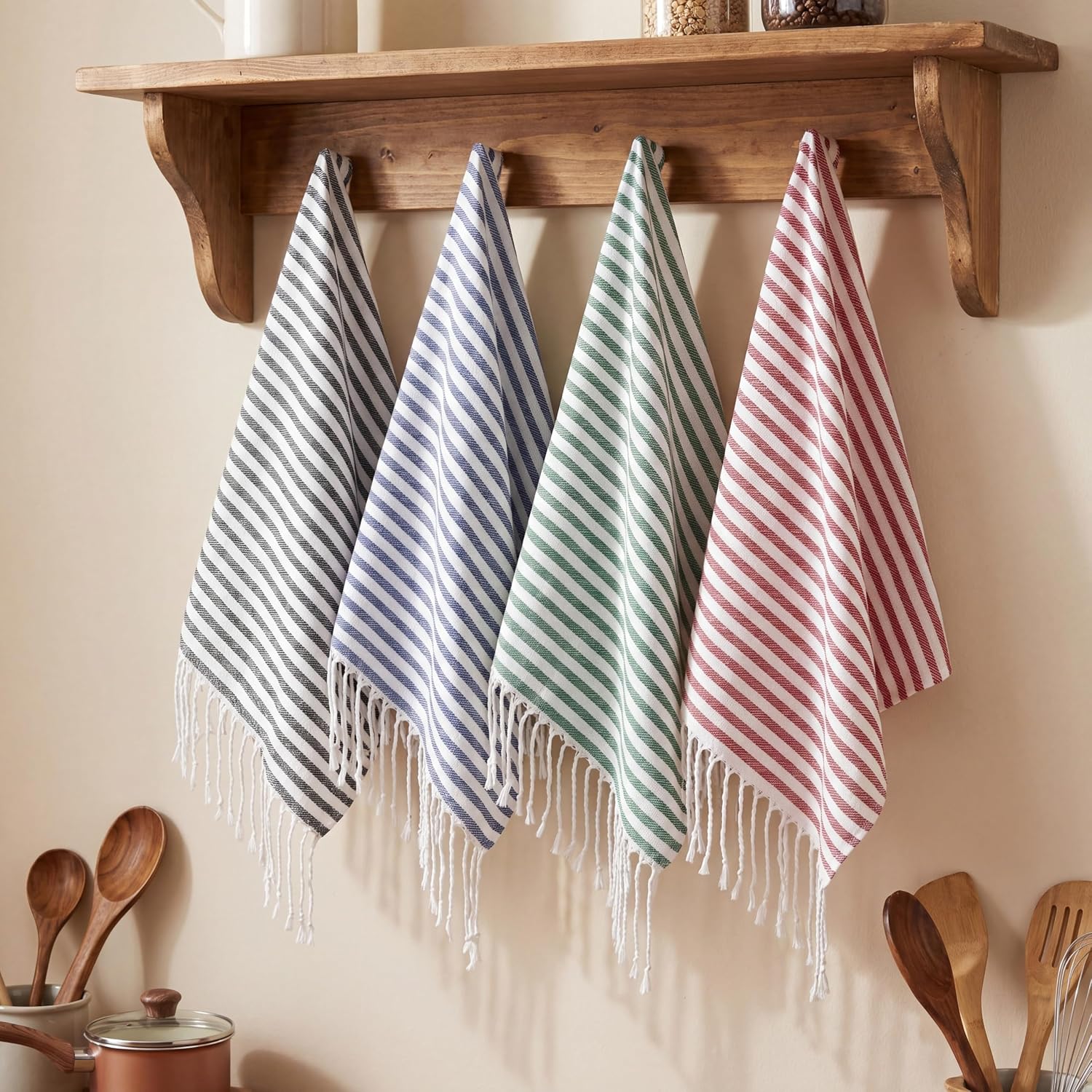 Tingjoo 4 Pcs Turkish Striped Kitchen Towels Set 18 x 28 in Cotton Decorative Tea Towels Striped Absorbent Hand Dish Towel with Tassels for Home Bathroom Cooking Dining