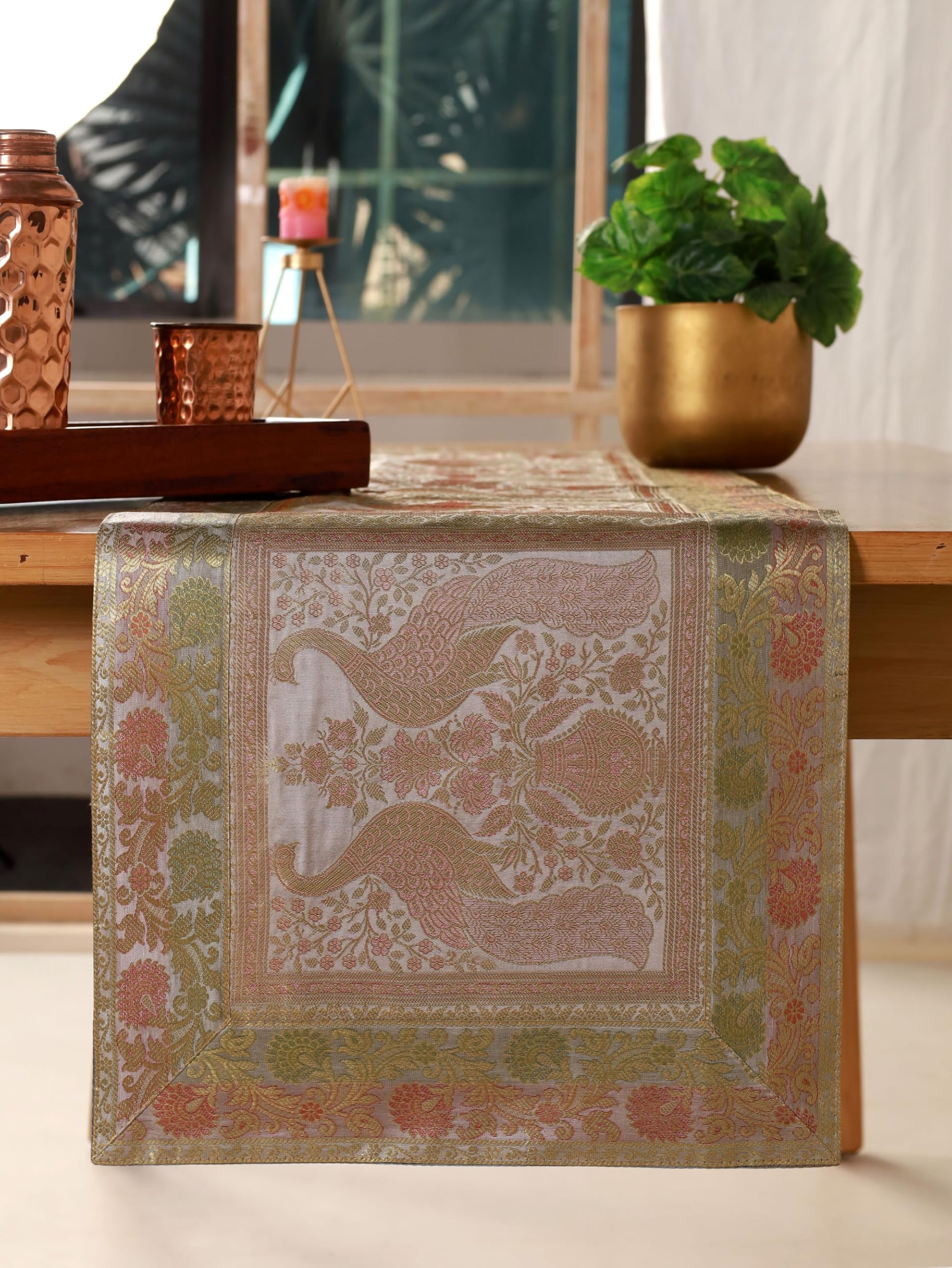 Indian Decorative Silk Table Runner, 16x60 Inches Table Runners for Events and Parties, Celebaration & Home Decoration ,Multicolor (Beige)