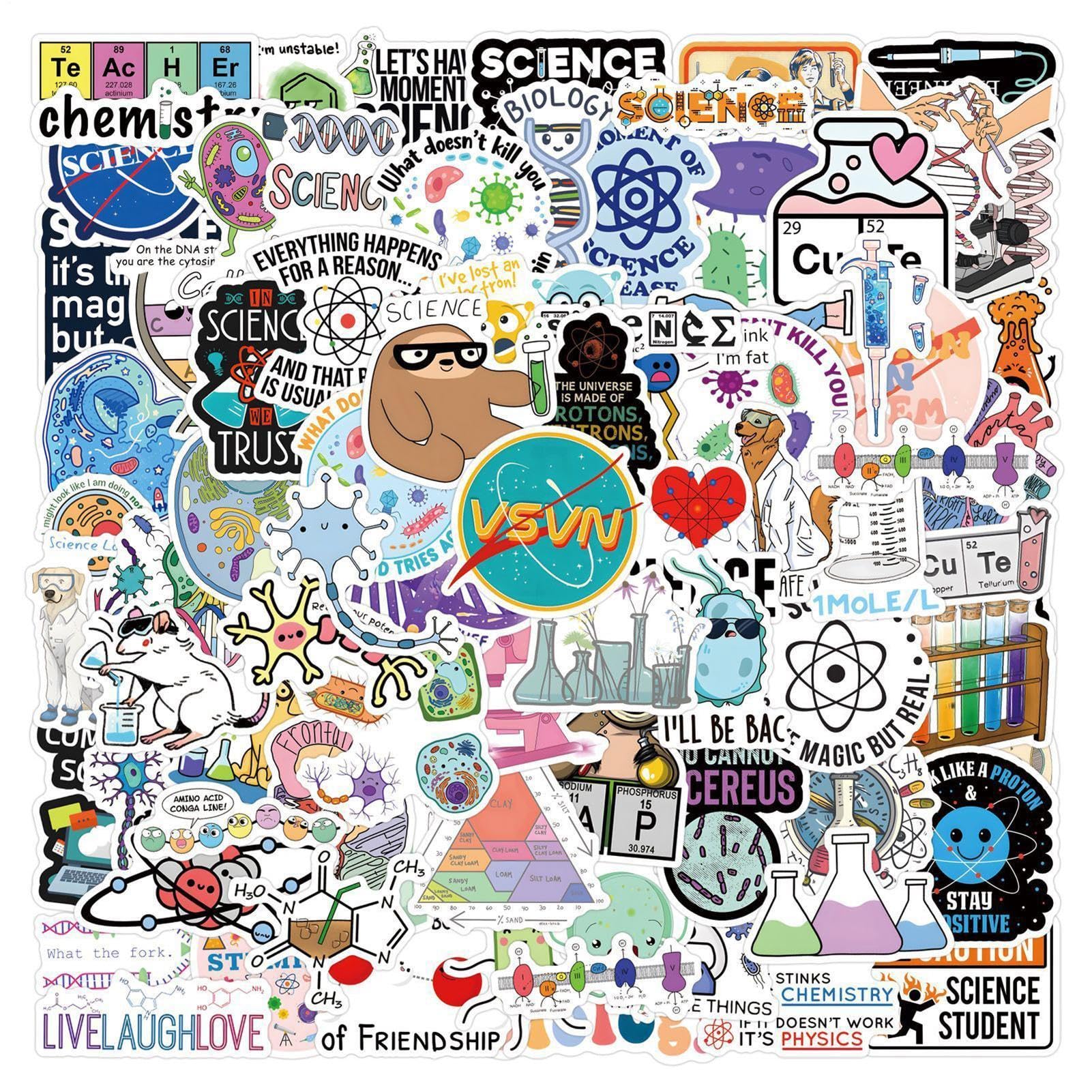 Pack of 110 Scientific Stickers - Funny Biology Stickers, High Quality Waterproof Vinyl for Bottle, Computer, Skateboard, Cute Gift for Students and Nature Knowledge