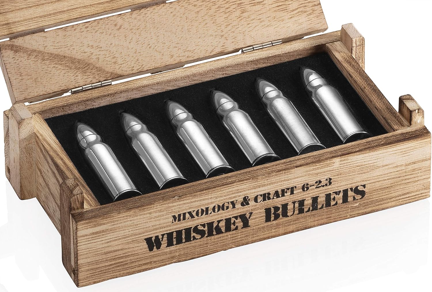 Best Quality 🔥 Whiskey Stone Bullets Gift Set - Stainless Steel Bullet shaped Whiskey Stones in a Wooden Army Crate | Reusable Bullet Ice Cube for Whiskey | Whiskey Gift Set for Men, Dad, Husband, Boyfriend (Silver)