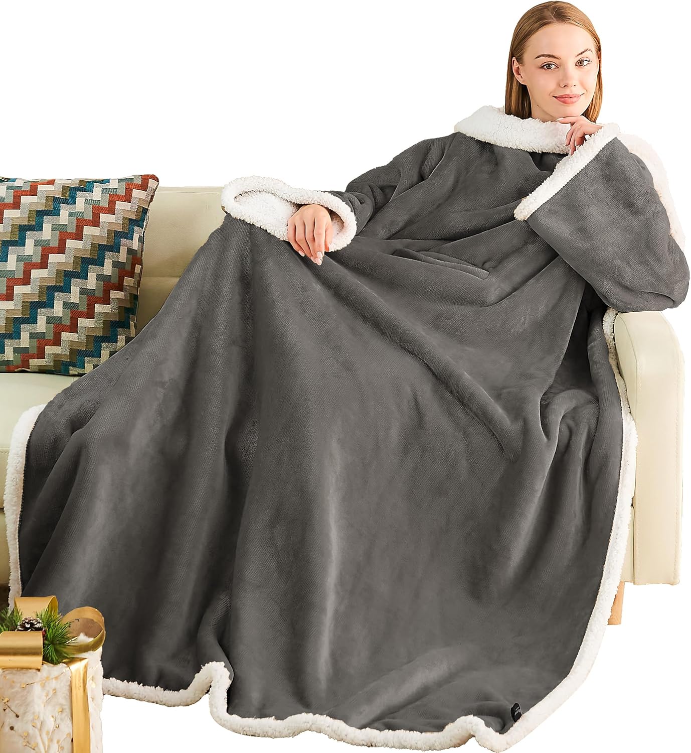 (Similar)Ramees Sherpa Wearable Blanket with Sleeves and Pockets, Soft Warm TV Blanket Throw for Men and Women Grey