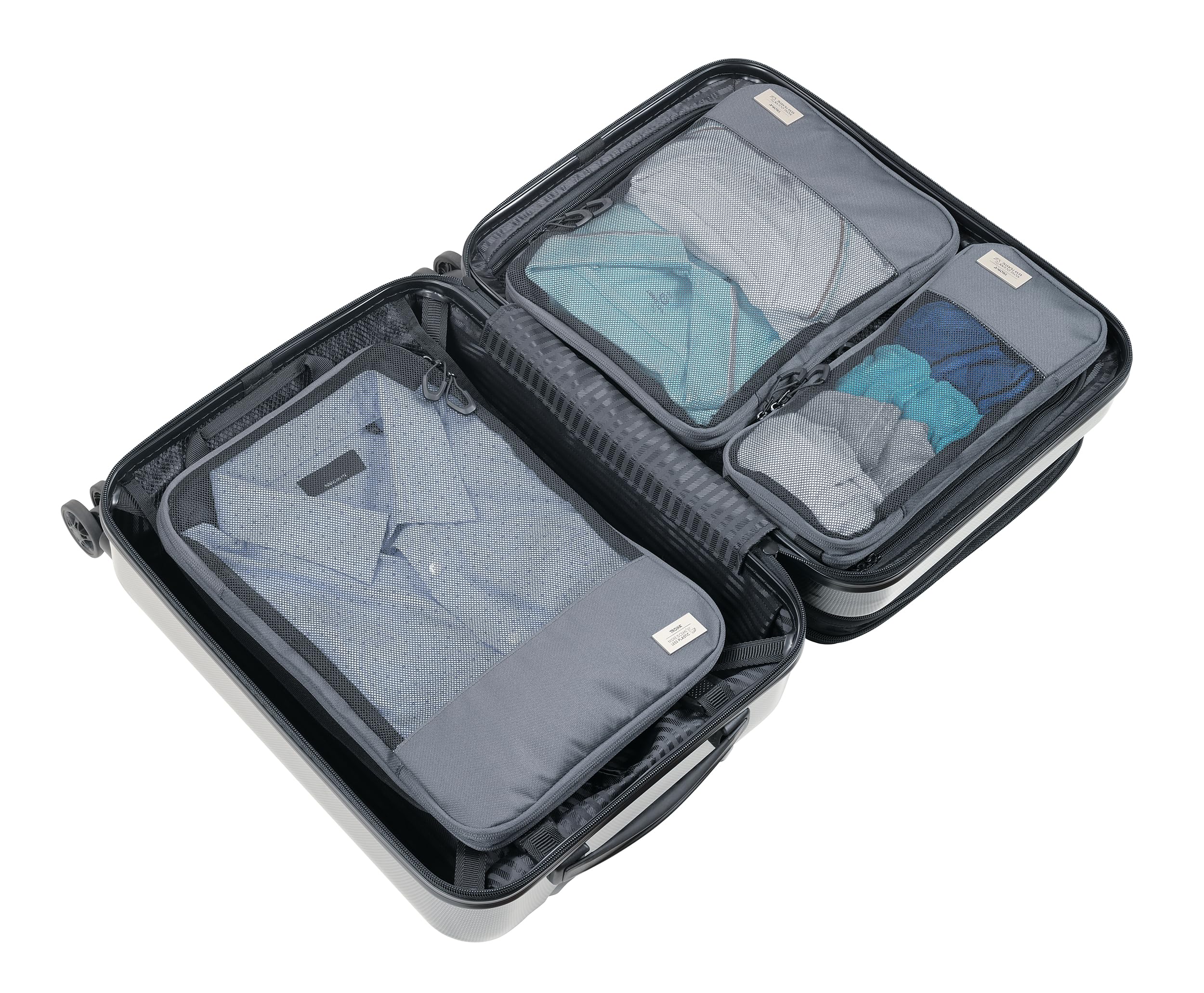 TROIKA Zestaw toreb kompresyjnych Blue CYCLE PACKING CUBES – 3 kieszenie z zamkiem błyskawicznym do oszczędzającego miejsce pakowania ubrań do walizki i plecaka – plastik morski z recyklingu –