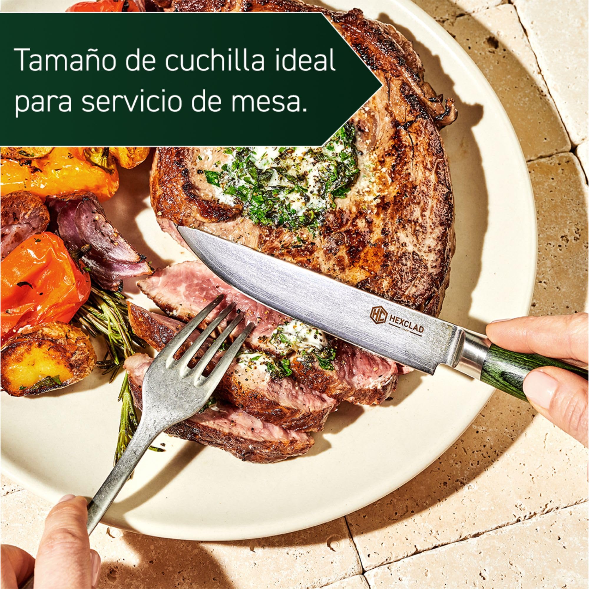 HexClad Juego de Cuchillos para Carne de 4 Piezas, Hojas de Acero Inoxidable de Damasco Japonés, Mango de Madera de Pakka