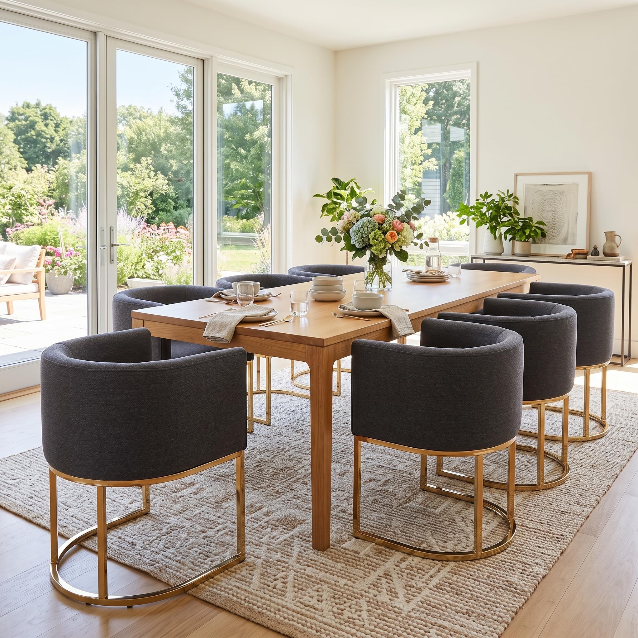 BESTANO Linen Fabric Dining Chairs Set of 8 Modern Barrel Arm Chairs with Black Frame, Upholstered Kitchen Chairs 18.5" Wide Accent Chairs for Living Room Dining Room Restaurant, Charcoal