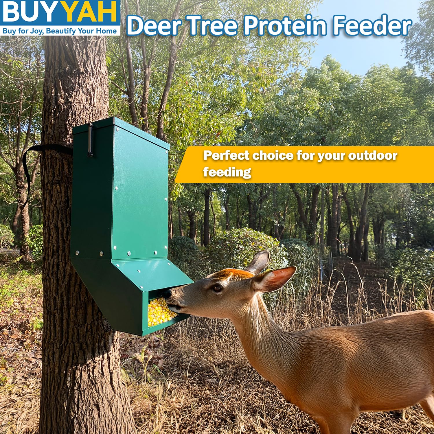 BUYYAH Heavy Duty Deer Feeder Box, Tree Protein Feeder, Gravity Deer Feeder Automatic Dispenser Feeds Protein and Corn, Wildlife Feeder, Green
