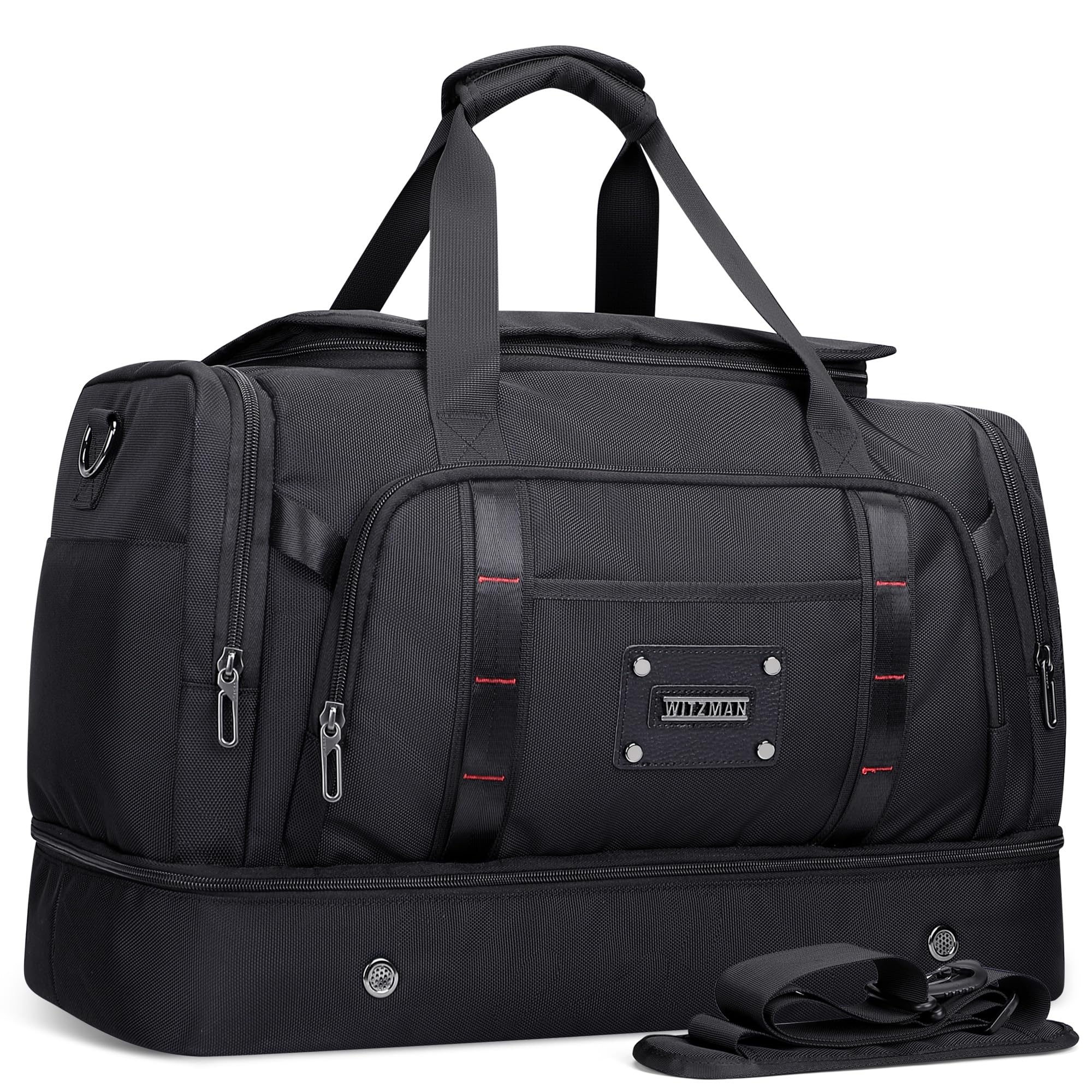 WITZMAN Nylon Reisetasche Herren 55L Weekender Sporttasche mit Schuhfach | Mehrere Taschen mit Nassfach, Konvertierbar, Große Kapazität, Eine für Reisen, Sport, Sauna, Training, B720 Schwarz