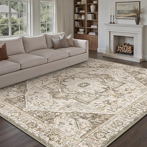 Brown Area Rug 8x10 Vintage Washable Distressed Living Room Carpet Large Indoor Non Slip Traditional Medallion Retro Low Pile Accent Throw Rug Bedroom Kitchen Office Dining Room