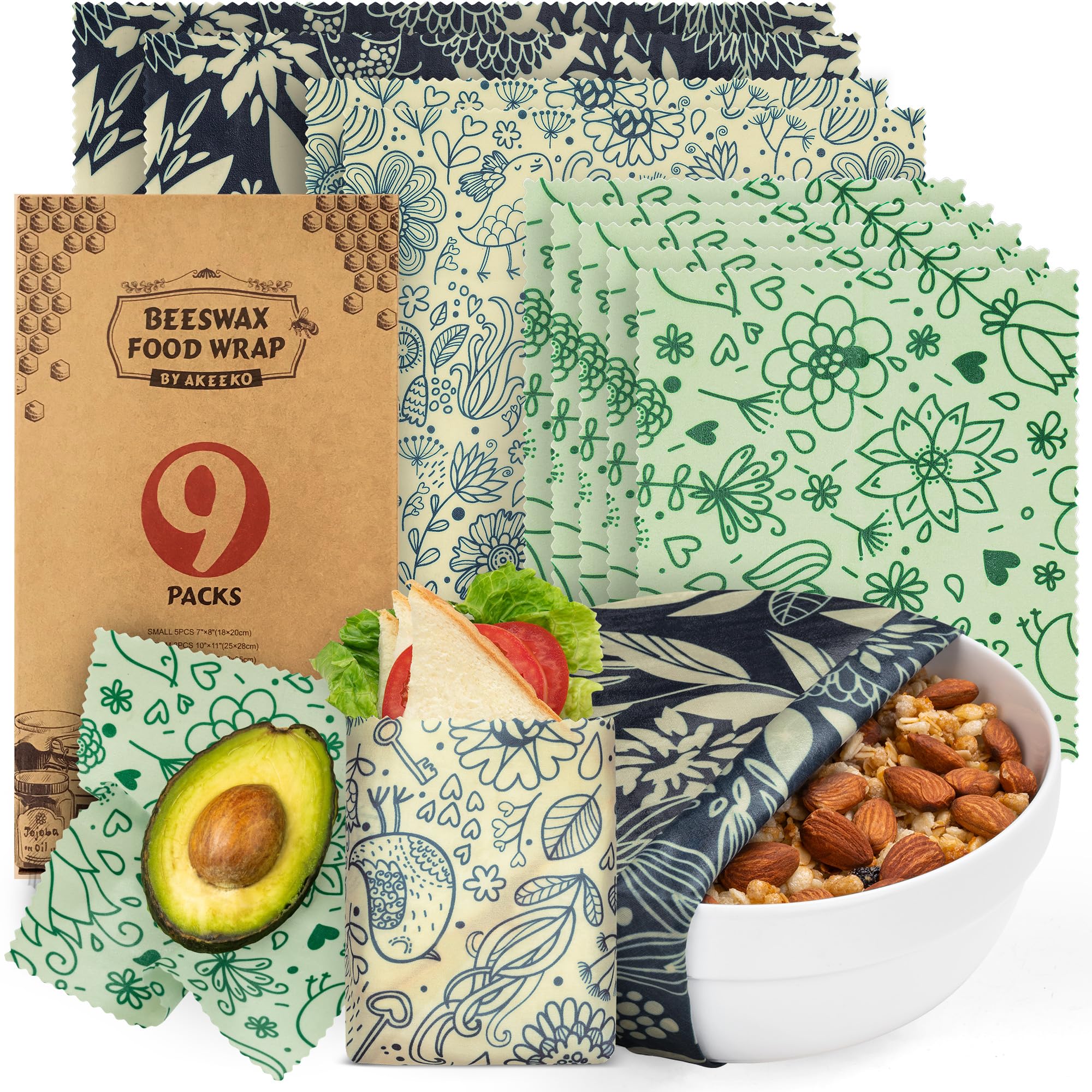 Akeeko Reusable Beeswax Food Wraps - Assorted 9 Packs, Reusable, Plastic-Free Food Storage, 5 Small, 2 Medium, 1 Large, 1 Extra Large Wraps with Flower and Birds Pattern