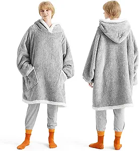 Bedsure Blanket Hoodie, Wearable Blanket for Adults & Kids as Gifts for Women Men, Birthday Gifts for Women Mom Girl Sherpa Oversized Hoodie, Concrete Grey, Small