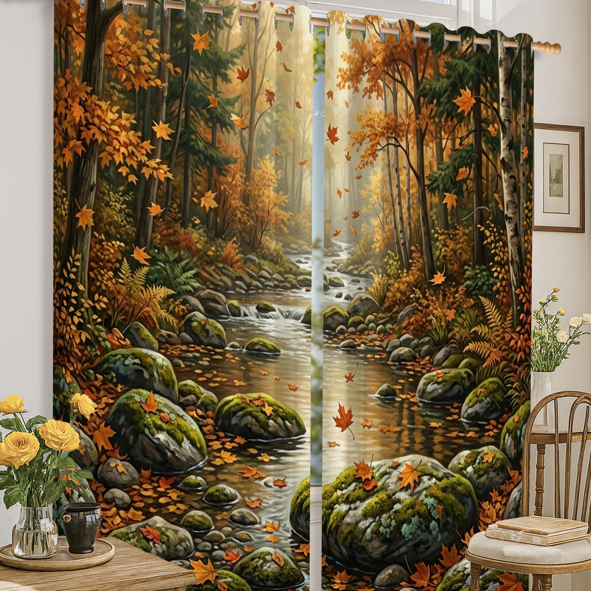 Rideaux occultants orange 132x160cm motif feuilles d'érable et rochers