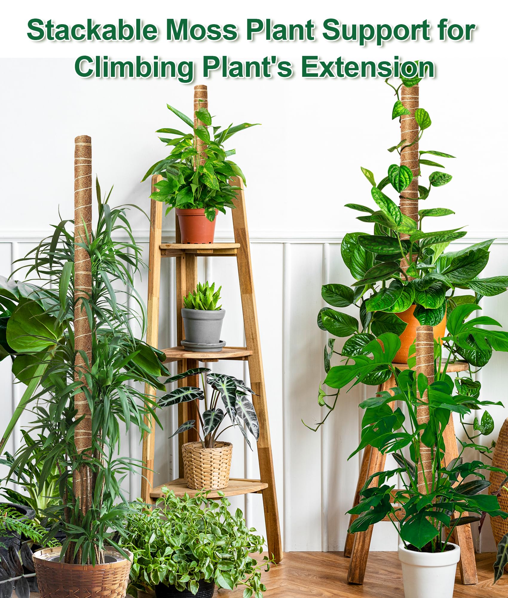 EAONE 6 Pièces Tuteur Coco Empilables Bâton de Mousse de Coco avec 12 Étiquettes pour Plantes et 100 Attaches Fibre de Coco Bâton Support Tuteurs pour Monstera Creepers Plantes Grimpantes(40cm)