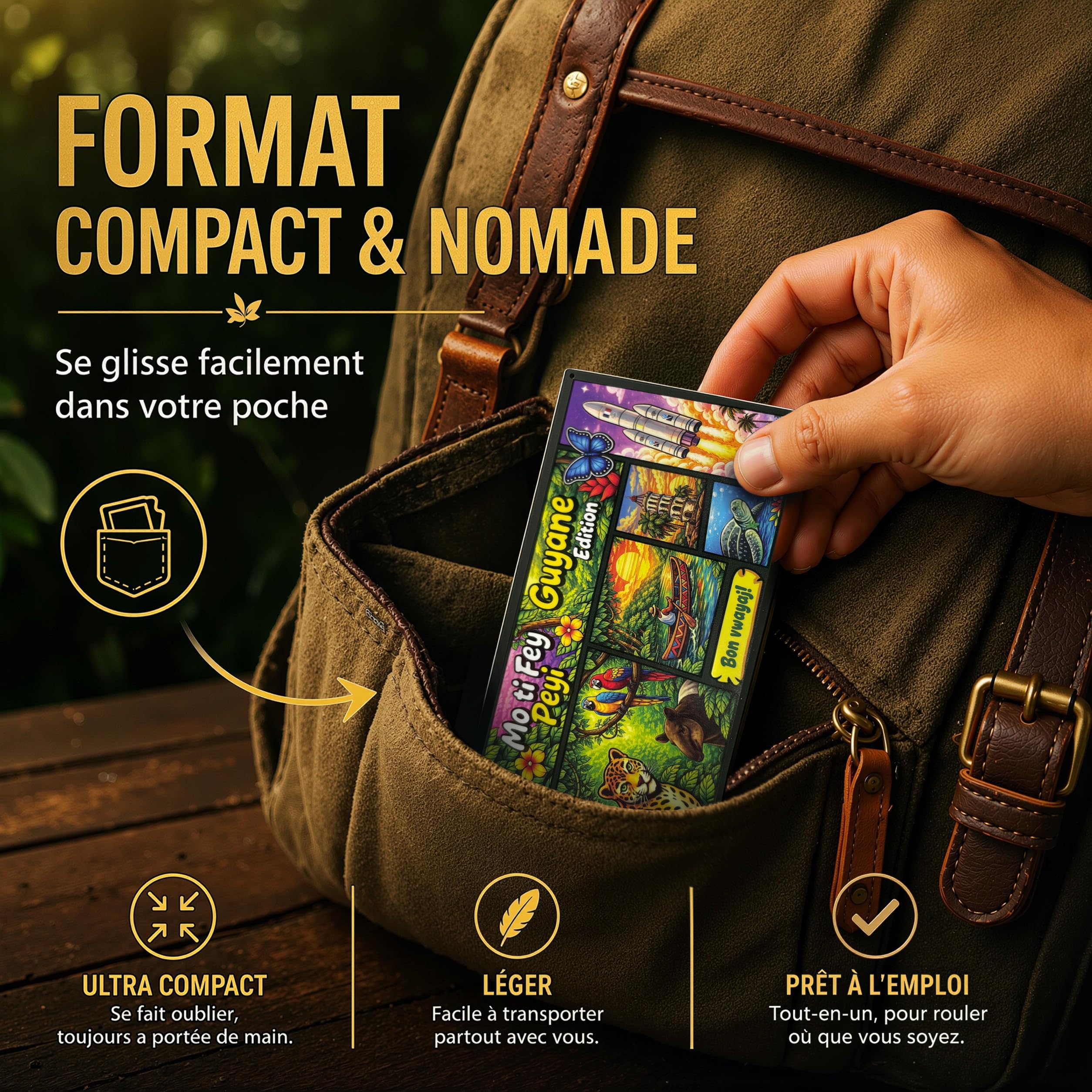 Feuilles à Rouler Slim en Chanvre Naturel – Boite de 15Carnets x 32Feuilles + Tips + Grinder + Plateau – Pack Complet 4-en-1 Premium – Édition Guyane Amazonie - Mo Ti Fey Péyi