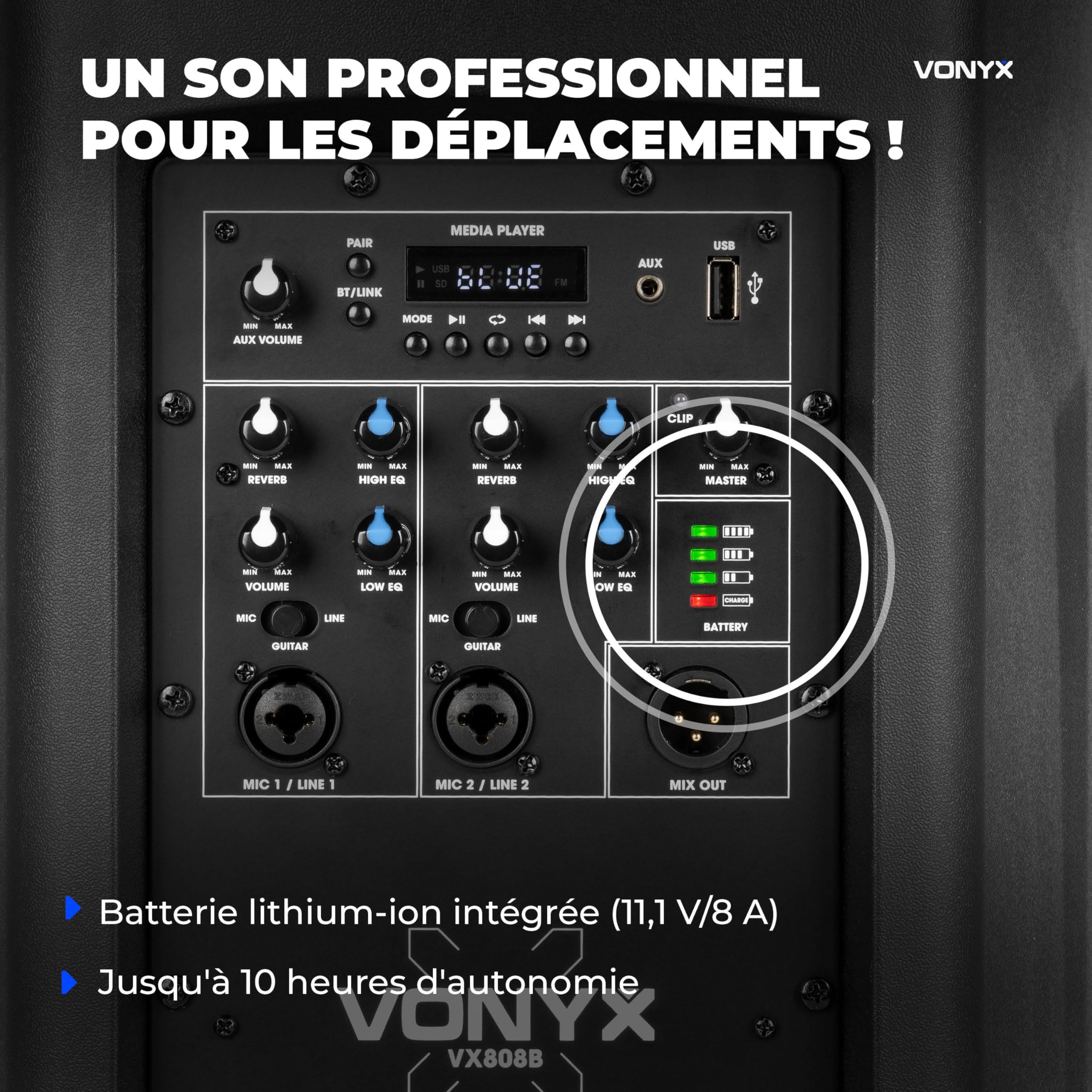 VONYX VX808B Enceinte Colonne Active 320W sur Batterie BT avec Contrôle Audio Intégré, Sono Portable DJ Extérieur et Animation