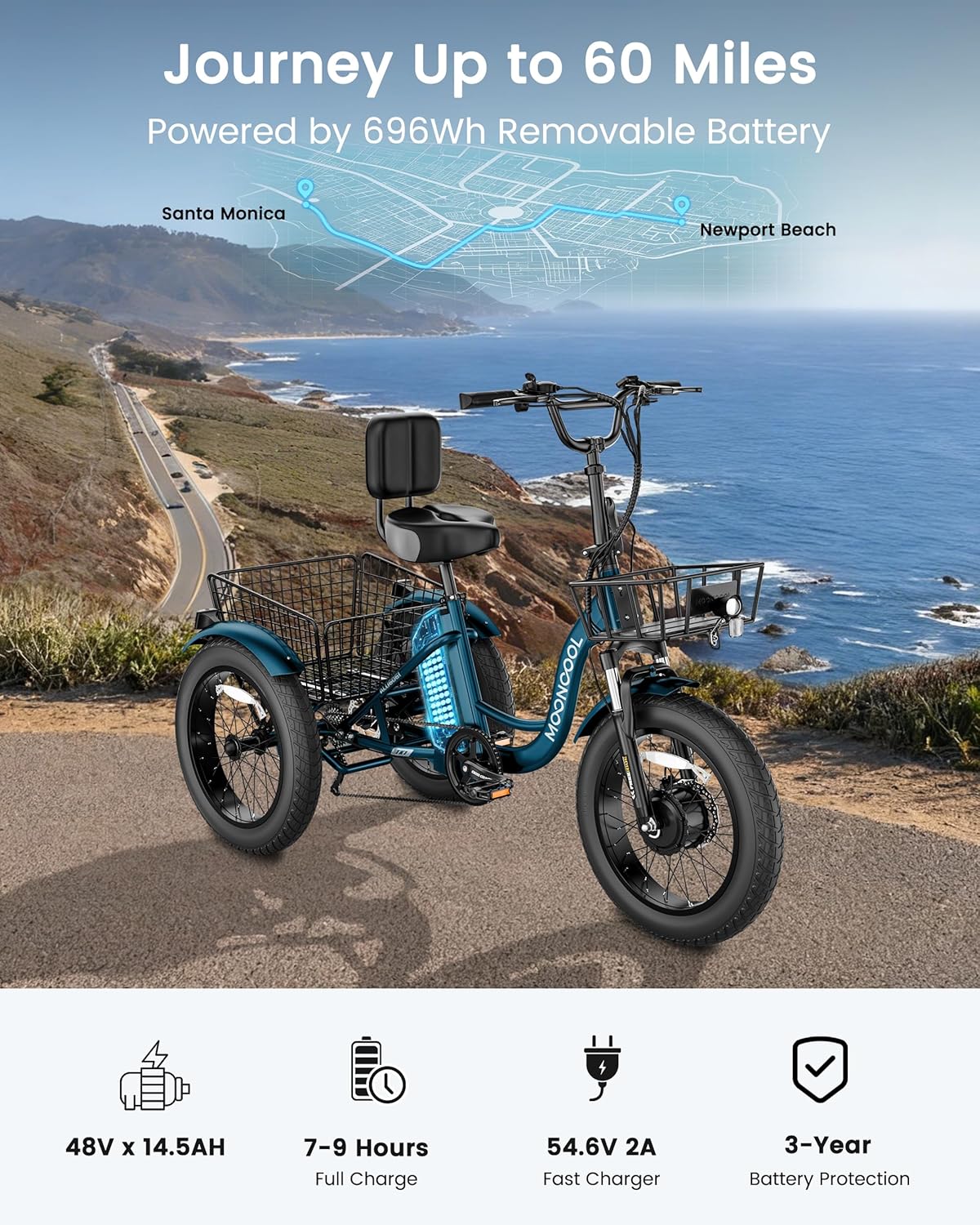 MOONCOOL Electric Tricycle for Adults, 20" x 4" Fat Tire Electric Trike, 48V 500W 3 Wheel Electric Bike, 7 Speed E Trikes for Adults with Removable Battery, Aluminum Frame & Large Basket