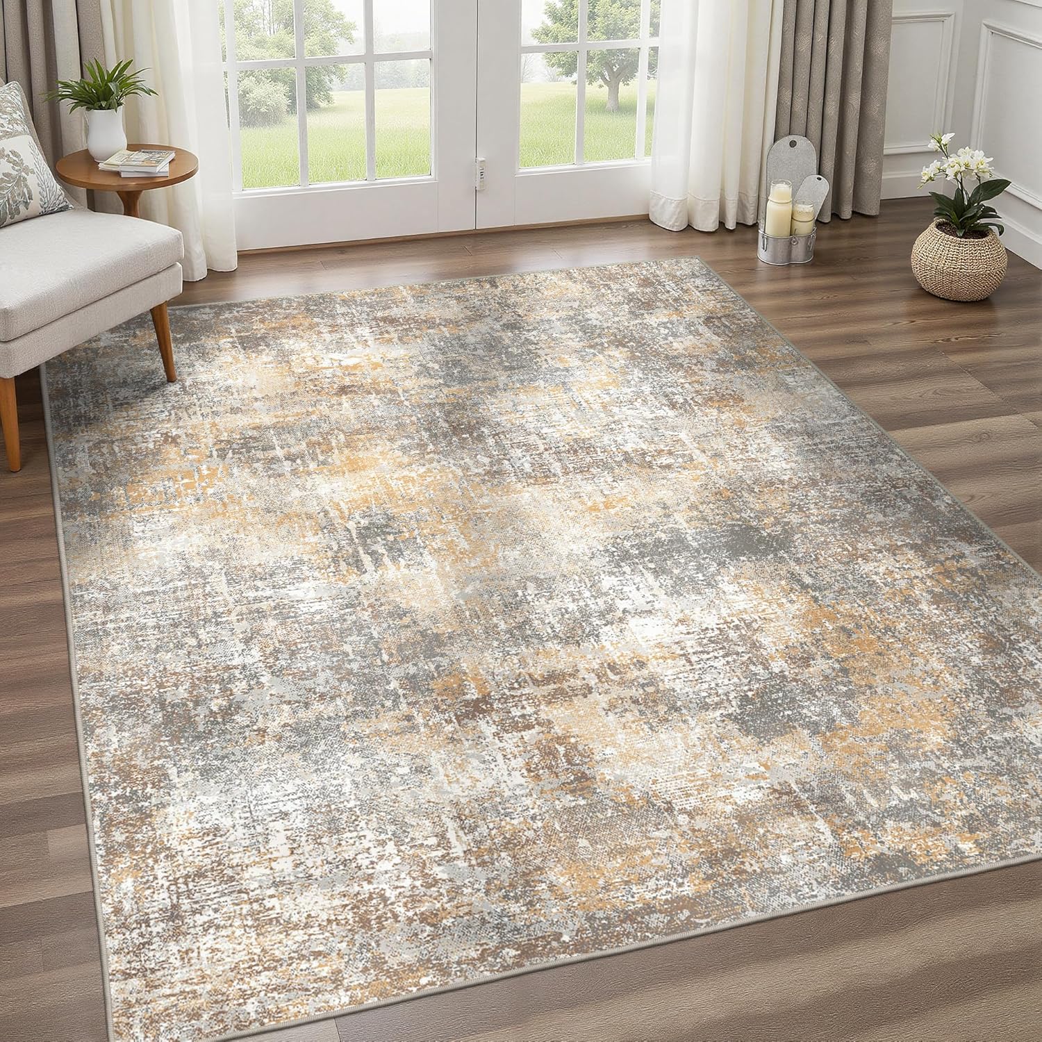 Area Rugs 8x10 for Living Room Bedroom, Modern Abstract Machine Washable Rug, Large Soft Low Pile Floor Cover with Non Slip Backing for Dining Room, Warm Beige Mist