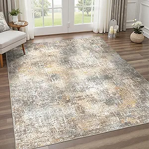 Area Rugs 5x7 for Living Room Bedroom, Modern Abstract Machine Washable Rug, Large Soft Low Pile Floor Cover with Non Slip Backing for Dining Room, Warm Beige Mist