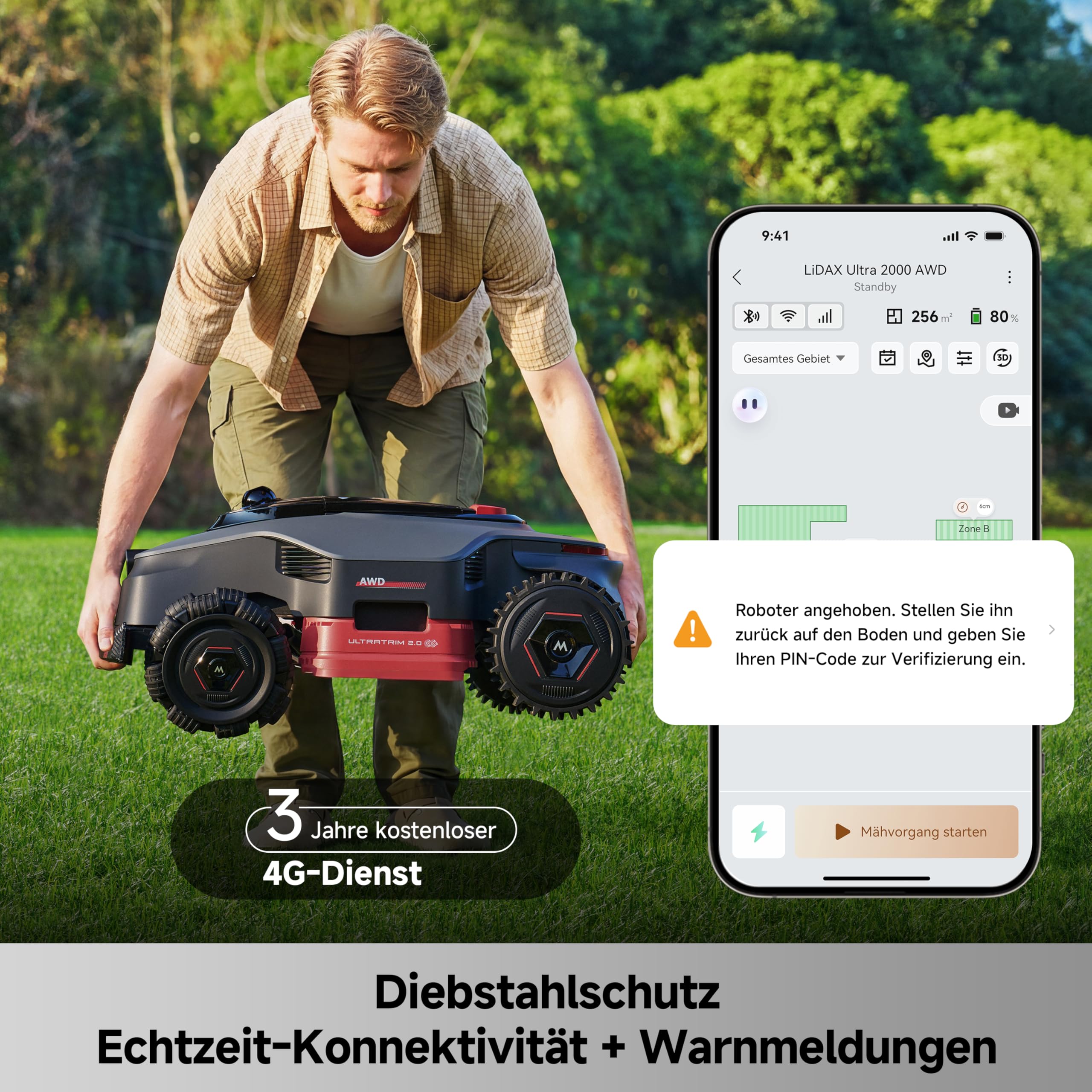 MOVA LiDAX Ultra 2000 AWD Mähroboter, RTK-frei, KI-gestützte automatische Kartierung, 360° 3D-LiDAR und KI-Dual-Vision, 36 V AWD für Steigungen von 80%, 2 Scheiben (jeweils 6 Messer), <3 cm