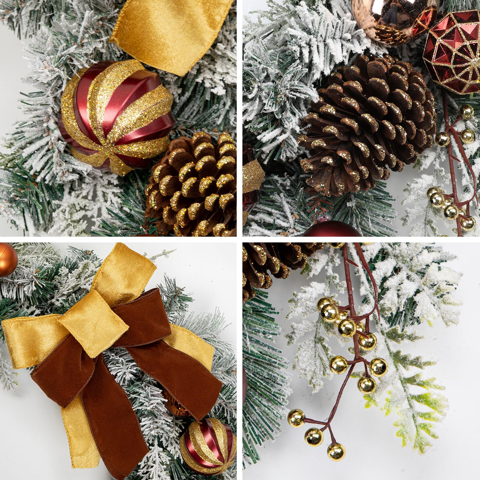 Briful Guirlande de Noël de 1,8 m avec ruban de velours, guirlande d'hiver artificielle avec pommes de pin naturelles, grappes de baies, boules de Noël en bronze pour décorations de Noël de