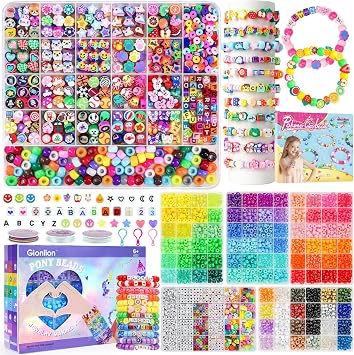 Gionlion 1200 Pcs Polymer Clay Beads & 3550 Pony Beads 7 Boxes Bracelet Making Kit, 25 Style Animal Fruit Flower Butterfly Bunny Pony Letter