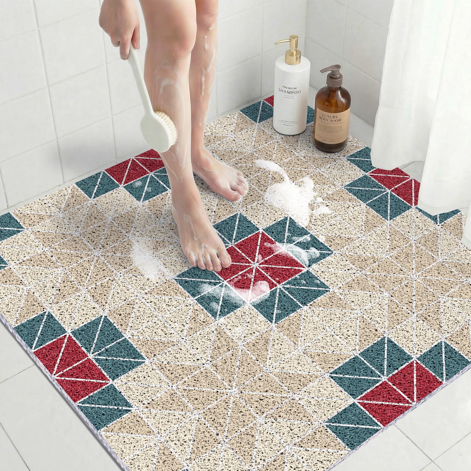 Large Square Non Slip Shower Mat 80x80 CM, Quick Drying Anti Mould PVC Loofah Bath Mat for Wet Room & Bathroom Floor, Anti Slip Shower Mats for Elderly, Non Slip Bath Mat, Red Geometry