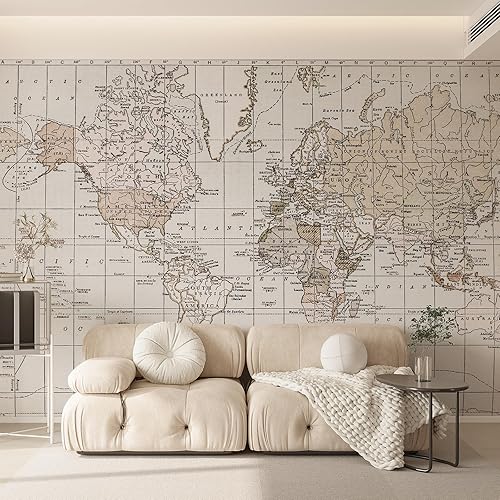 Mural de pared de mapa del mundo vintage beige para despegar y pegar, papel tapiz de mapa del mundo gigante para guardería, habitación de niños,