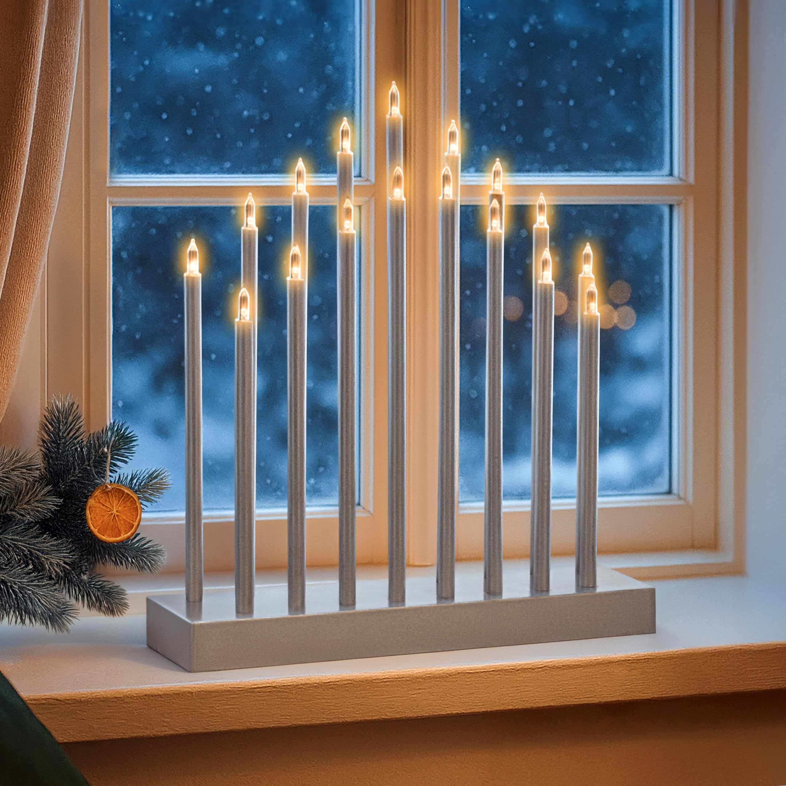 Garden Mile Silver - 17 Lights - Battery Traditional Christmas Candle Bridge Light Arch Flameless Led Candles Christmas Window Decoration Or Table Decoration Low Voltage Battery Operated. (Silver - 17 Pipe)