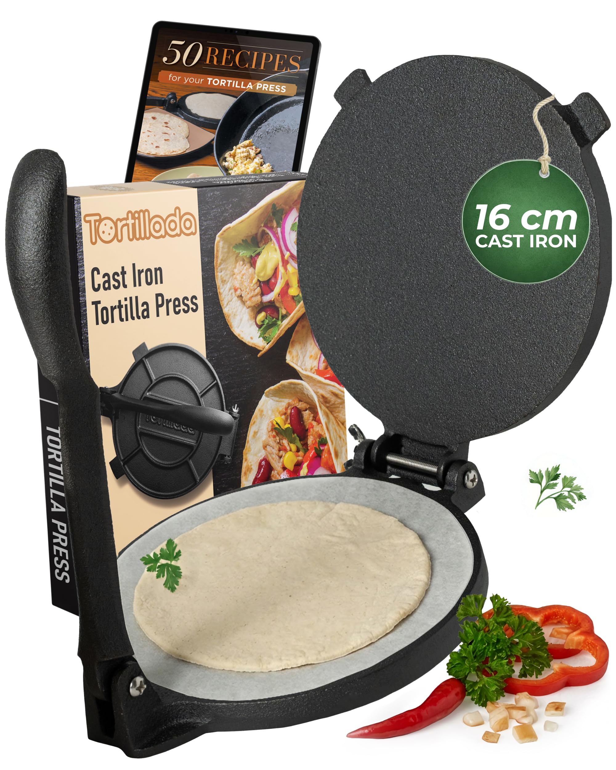 Cast Iron Tortilla Press with Recipes Ebook in French (16 cm)