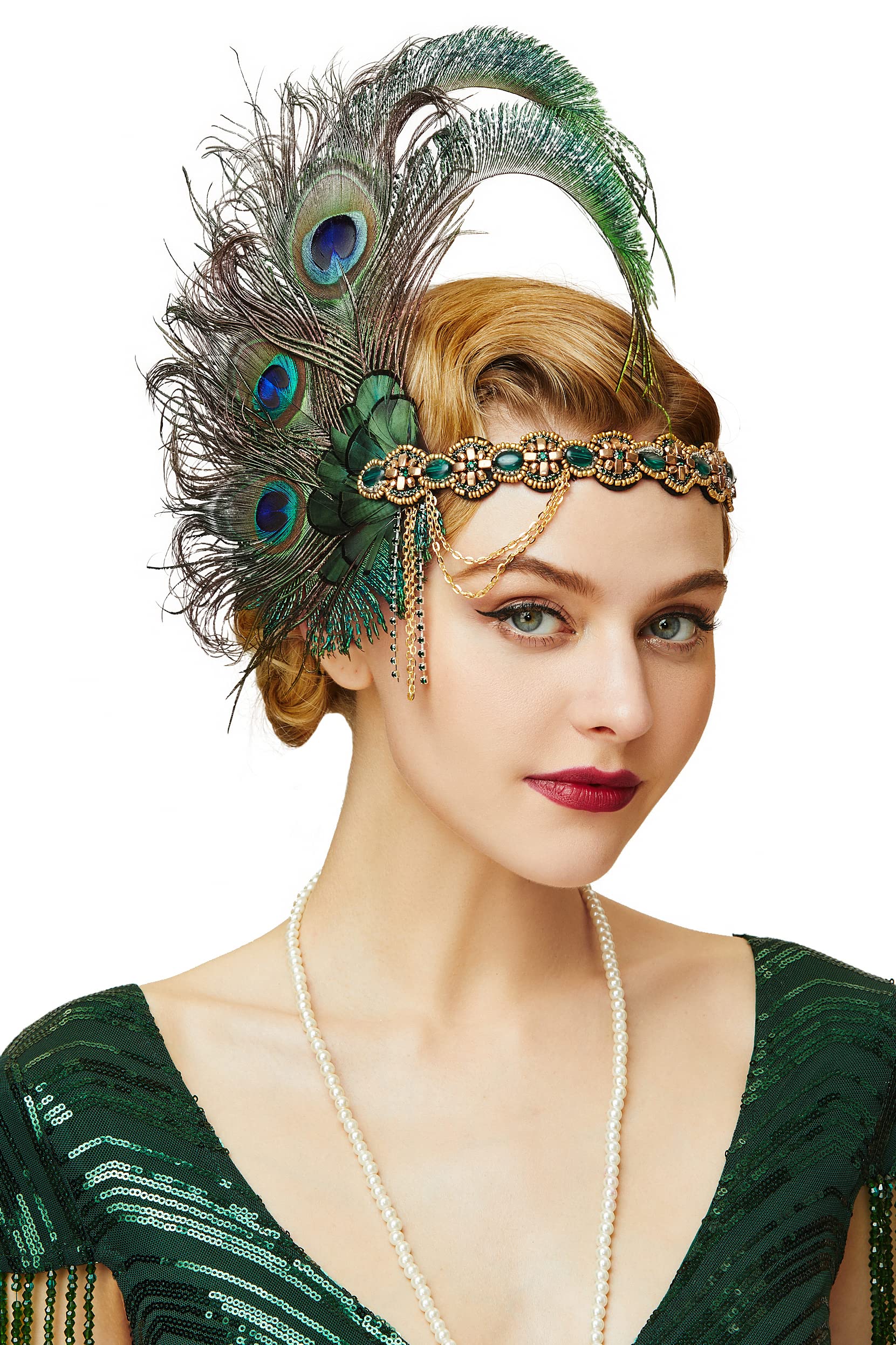 1920s Flapper Headband Peacock Feather Headpiece Gatsby Accessories for Women Sequined Showgirl Headpiece (Style-9)