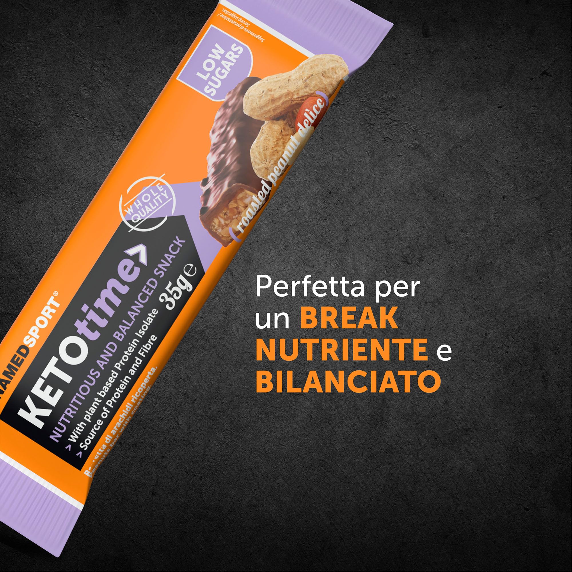 NAMEDSPORT> KETOTIME> deliziosa Barretta Keto a ridotto apporto di zuccheri, ricoperta di cioccolato e con vere arachidi tostate, Perfetta come Spuntino, Confezione da 15 barrette.