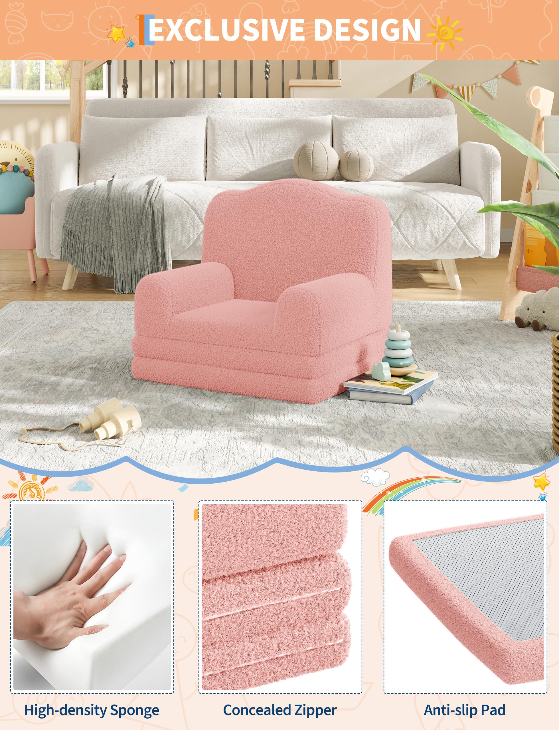 GarveeHome Rosa Kinder-Sessel, Weiches & bequemes Kindersofa für Kinderzimmer, Wohnzimmer, Schlafzimmer & Innenraum, Größe 58 x 45 x 50 cm