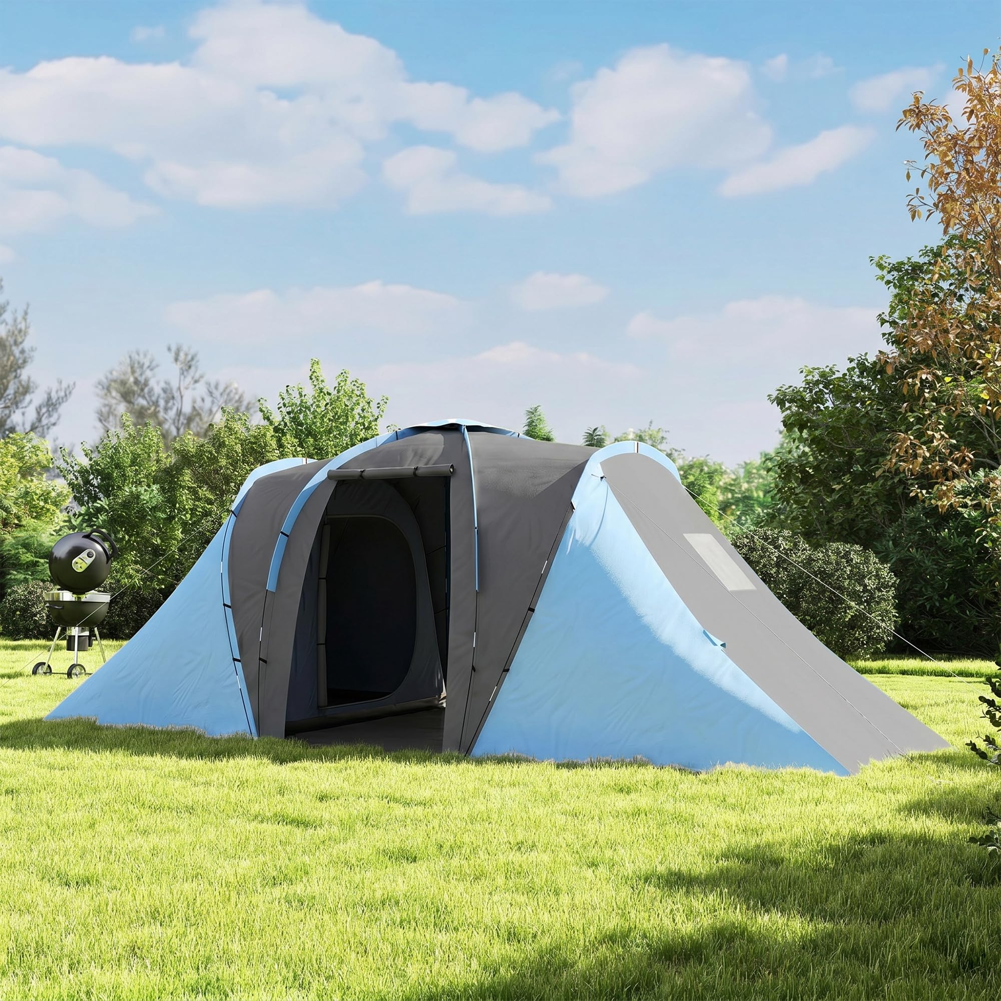 Outsunny Tunnelzelt, Campingzelt für 4 Personen, mit 2 Schlafzimmern Wohnbereich, groß Familienzelt mit Tragetasche, 2000mm Wasserabweisend Gruppenzelt, für Garten, Camping