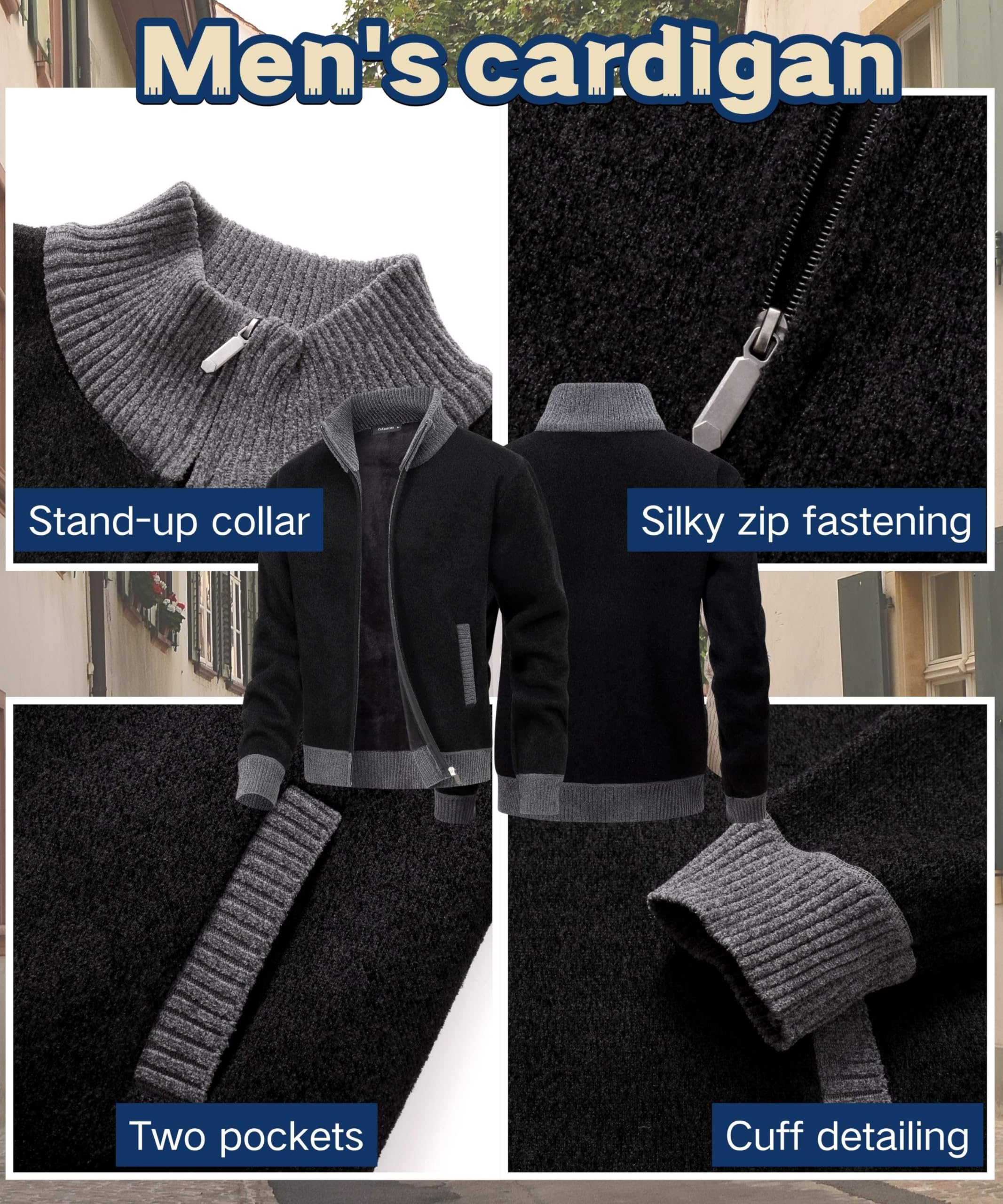Chaqueta de Cuello Alto Slim Fit Cárdigan Hombre Mangas Largas Cremallera Forro Polar Invierno