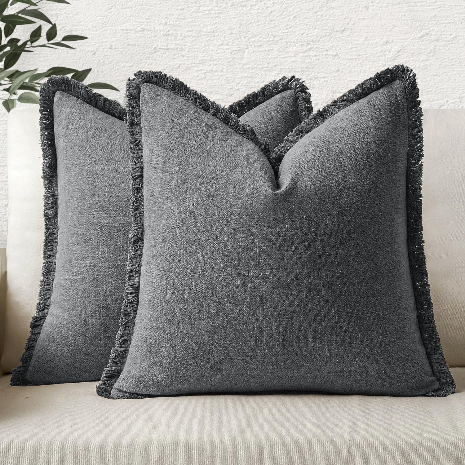 MIULEE Boho Linen Fringe Decorative Throw Pillow Covers Dark Grey 20x20