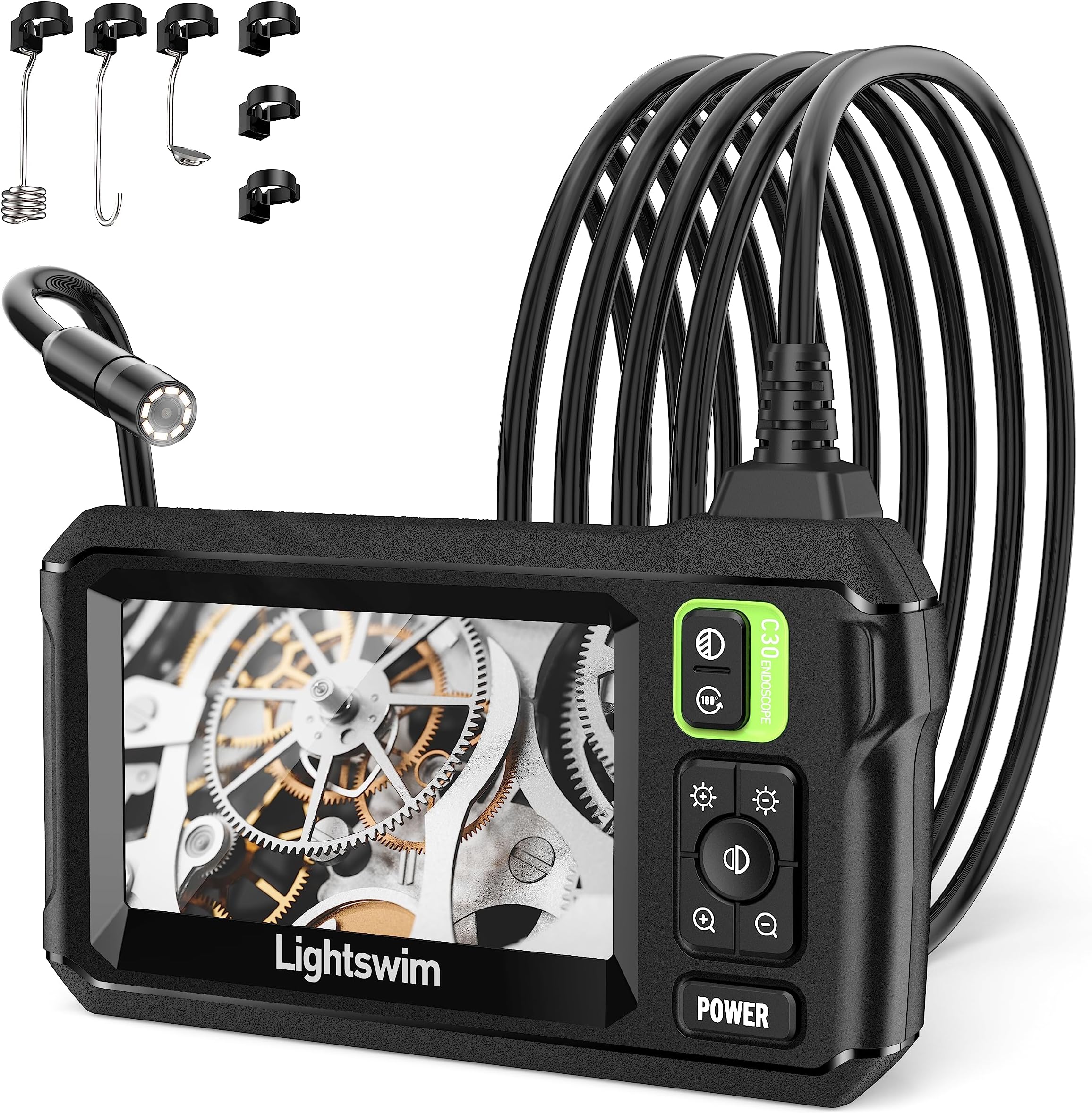 Lightswim 4.3" IPS Borescope Inspection Camera, Handheld IP67 Waterproof Snake Camera with 8 LED Lights, 5M/16.5FT Semi-Rigid Cable