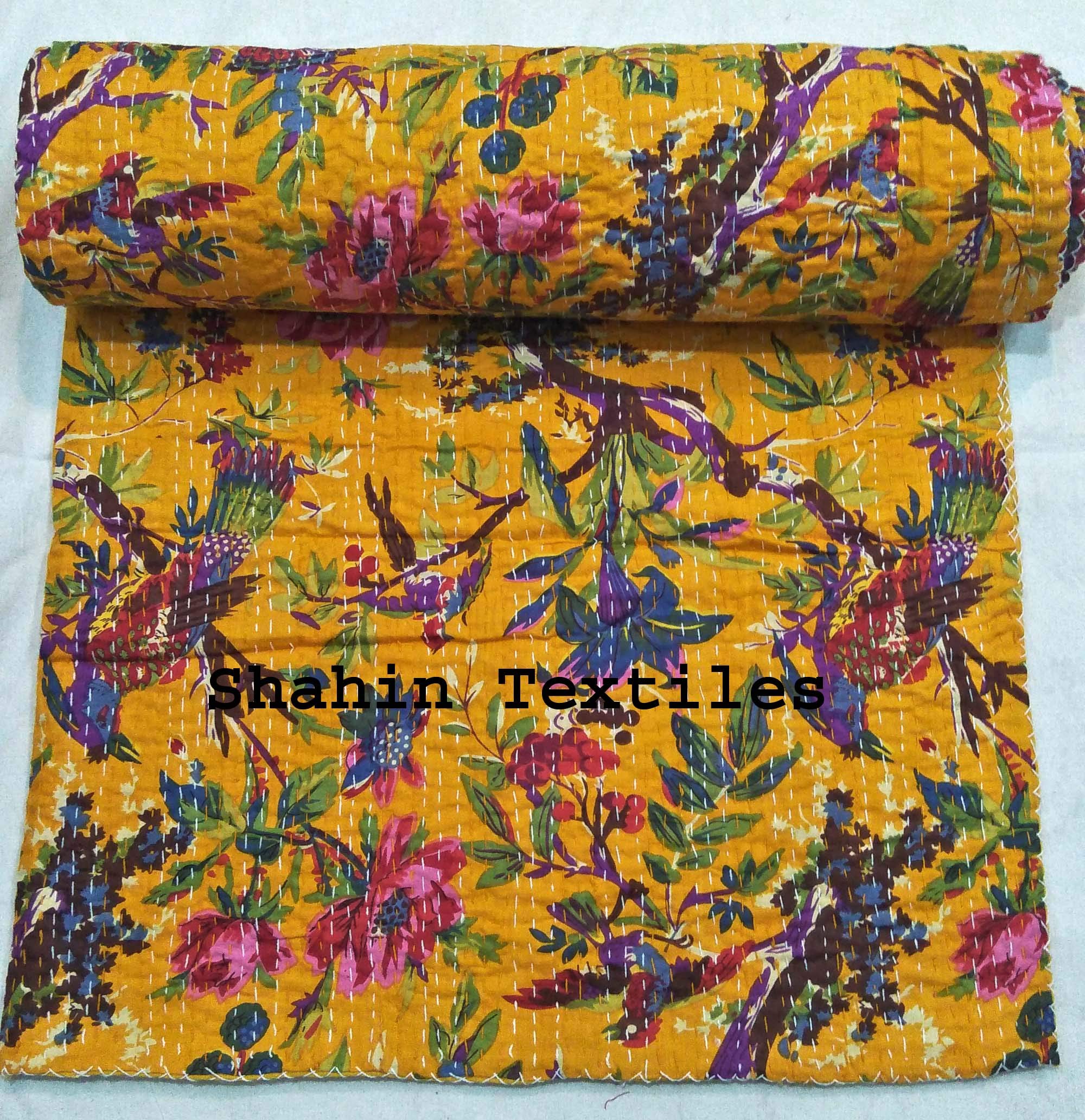 TI AMO Handmade Multi Color Printed Kantha Quilt 60x90 Inch Kantha Coverlet Throw Kantha Gudari-image-42