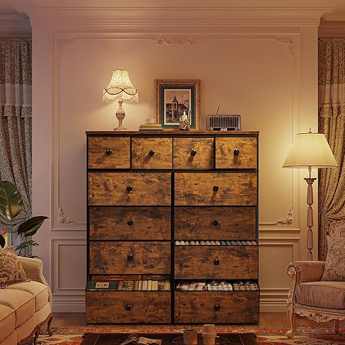 Miniatura 8 de Cómoda alta para dormitorio con 12 cajones de tela y cómodas, cómoda de dormitorio con marco de metal, parte superior de madera, armario de entrada