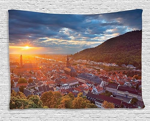Ambesonne Heidelberg - Tapiz de paisaje urbano, imagen escénica alemana de atardecer con cielo nublado, casas forestales, para colgar en la pared