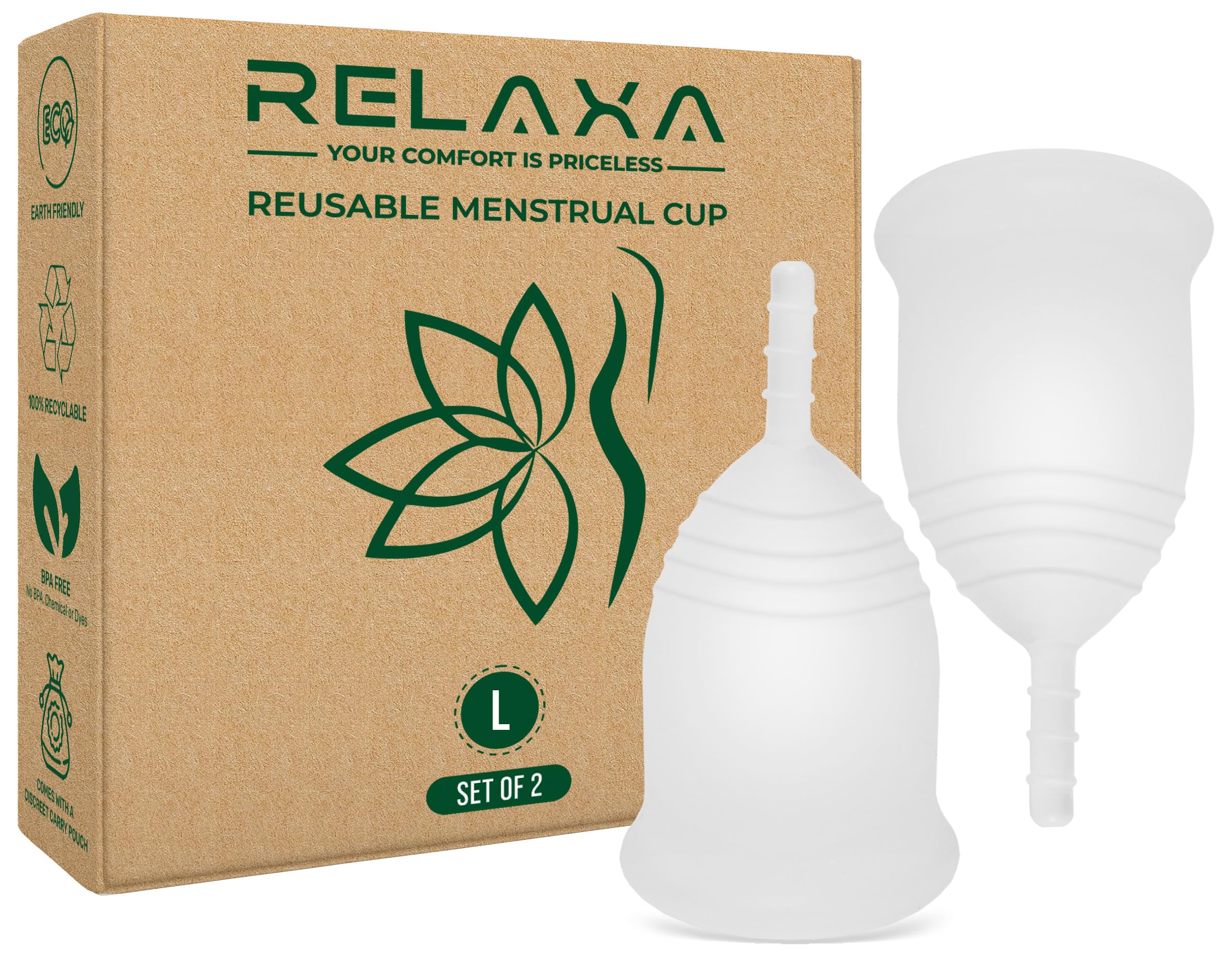 Relaxa Soft & Easy to-Use Reusable Large Menstrual Cups Premium Quality Lasts for 12 Hours with Storage Pouch - Leakproof & Comfortable Feminine Hygiene Period Cups for Women (Pack of 2)
