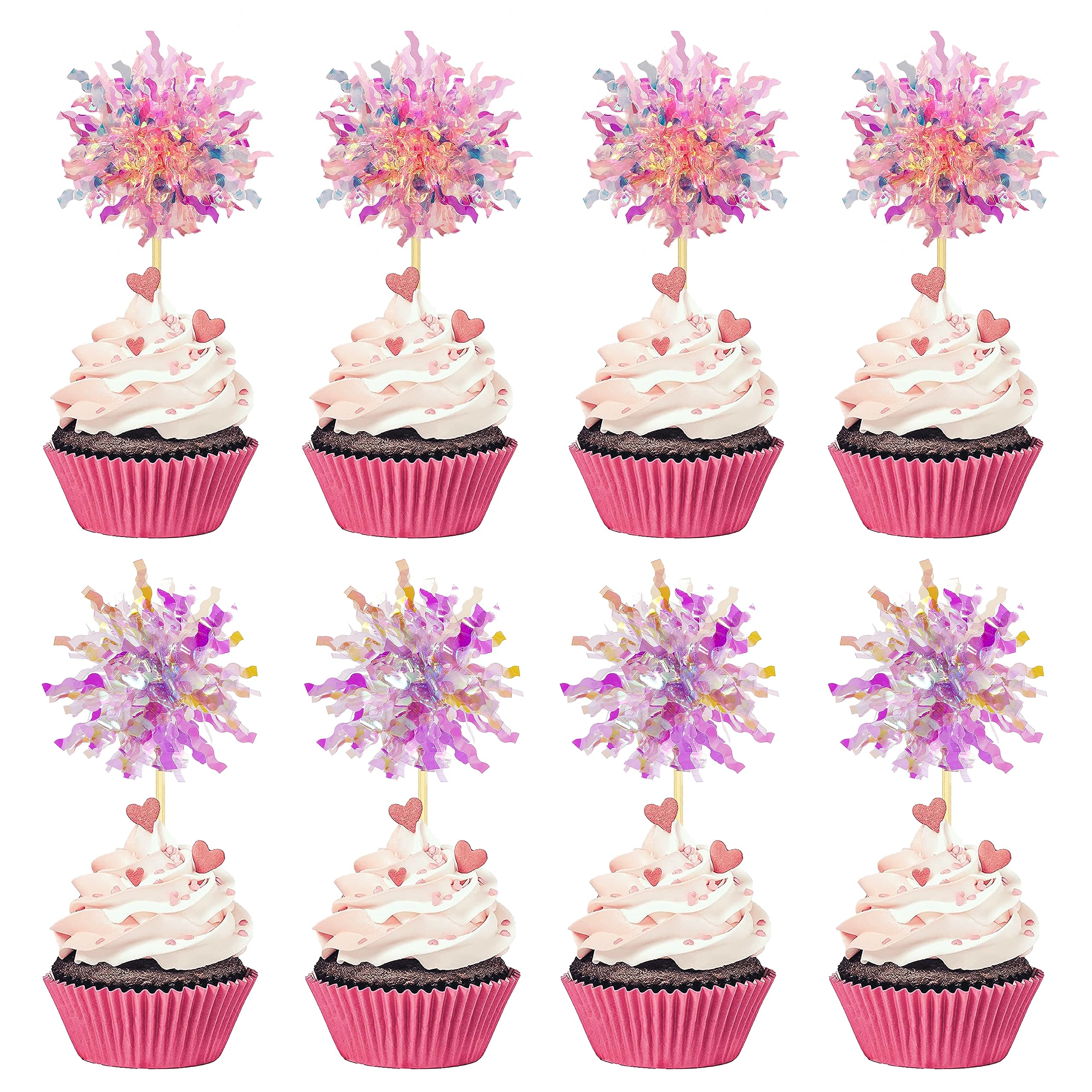 30PCS Foil Firework Cupcake Toppers, Happy Birthday Orange Cake Toppers, Sparkle Tinsel Flower Drink Stirrers Cocktail Food Fruit Toothpicks for Cake