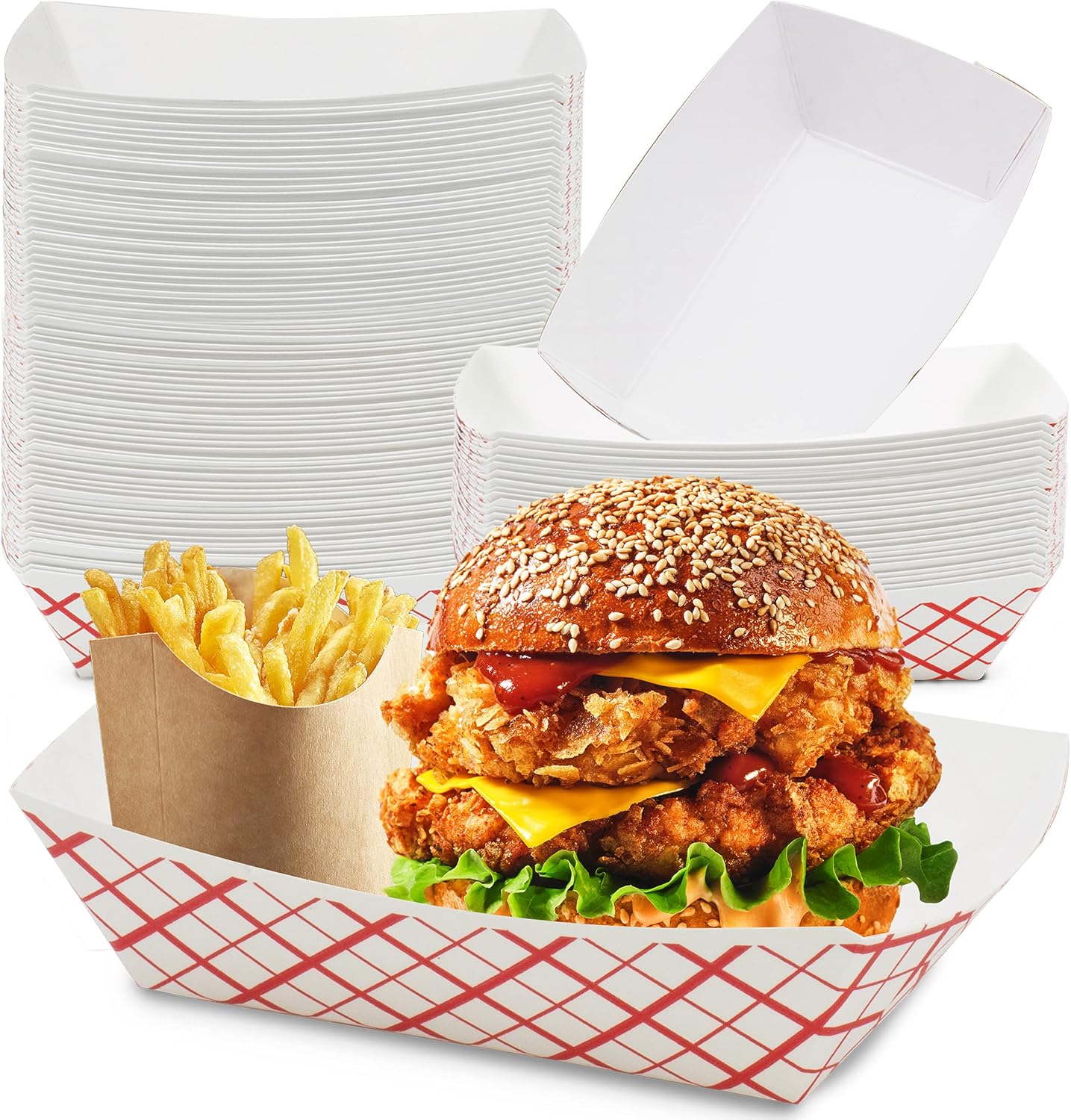 [125 Pack] 5 lb Heavy Duty Disposable Red Check Paper Food Trays Grease Resistant Fast Food Paperboard Boat Basket for Parties Fairs Picnics Carnivals, Holds Tacos Nachos Fries Hot Corn Dogs