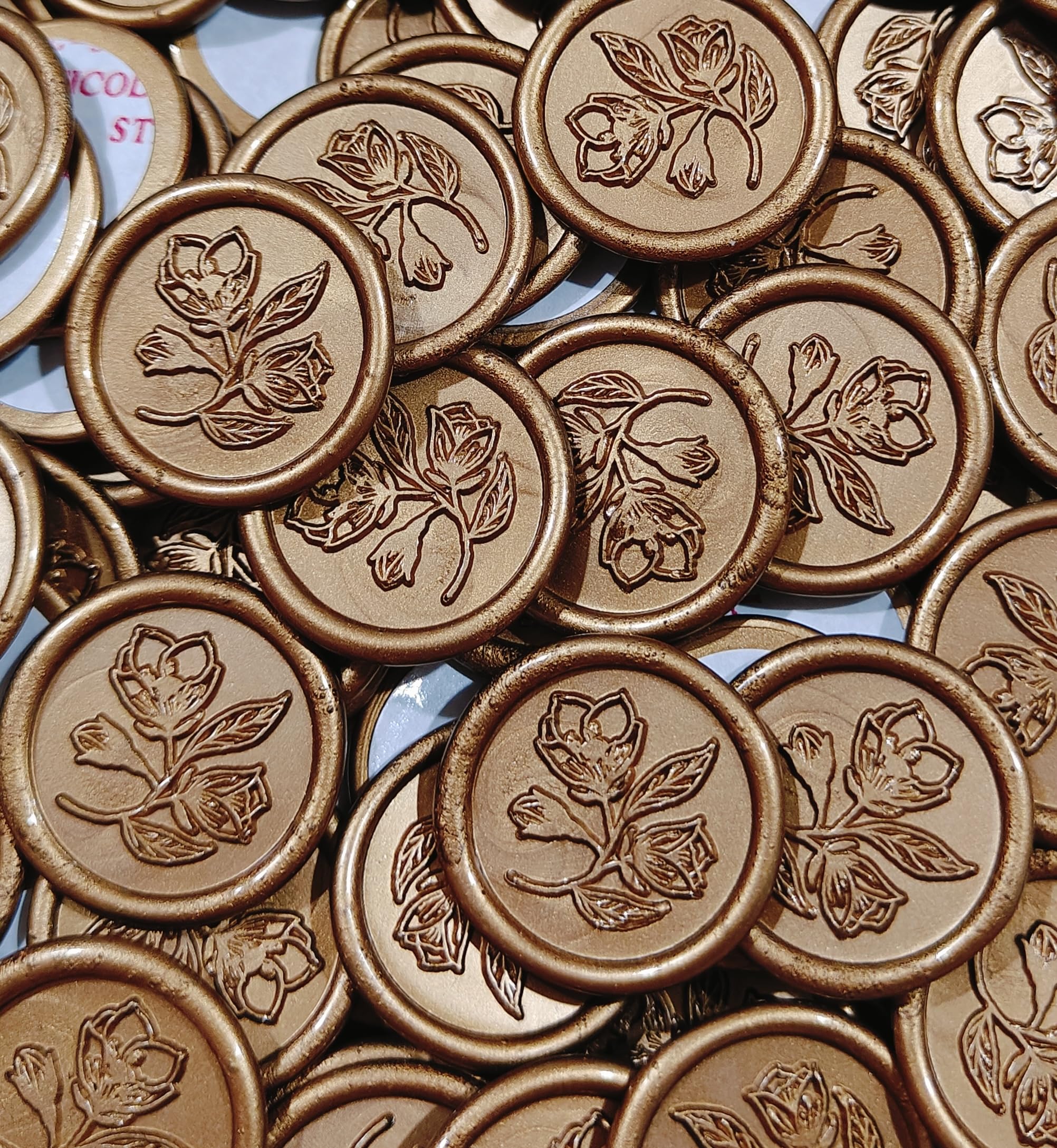 25mm (25 pieces) self adhesive wax seals, wax seal stickers for wedding invitation cards, greeting cards, gift packing, etc. (Flower Design (Antique Gold))