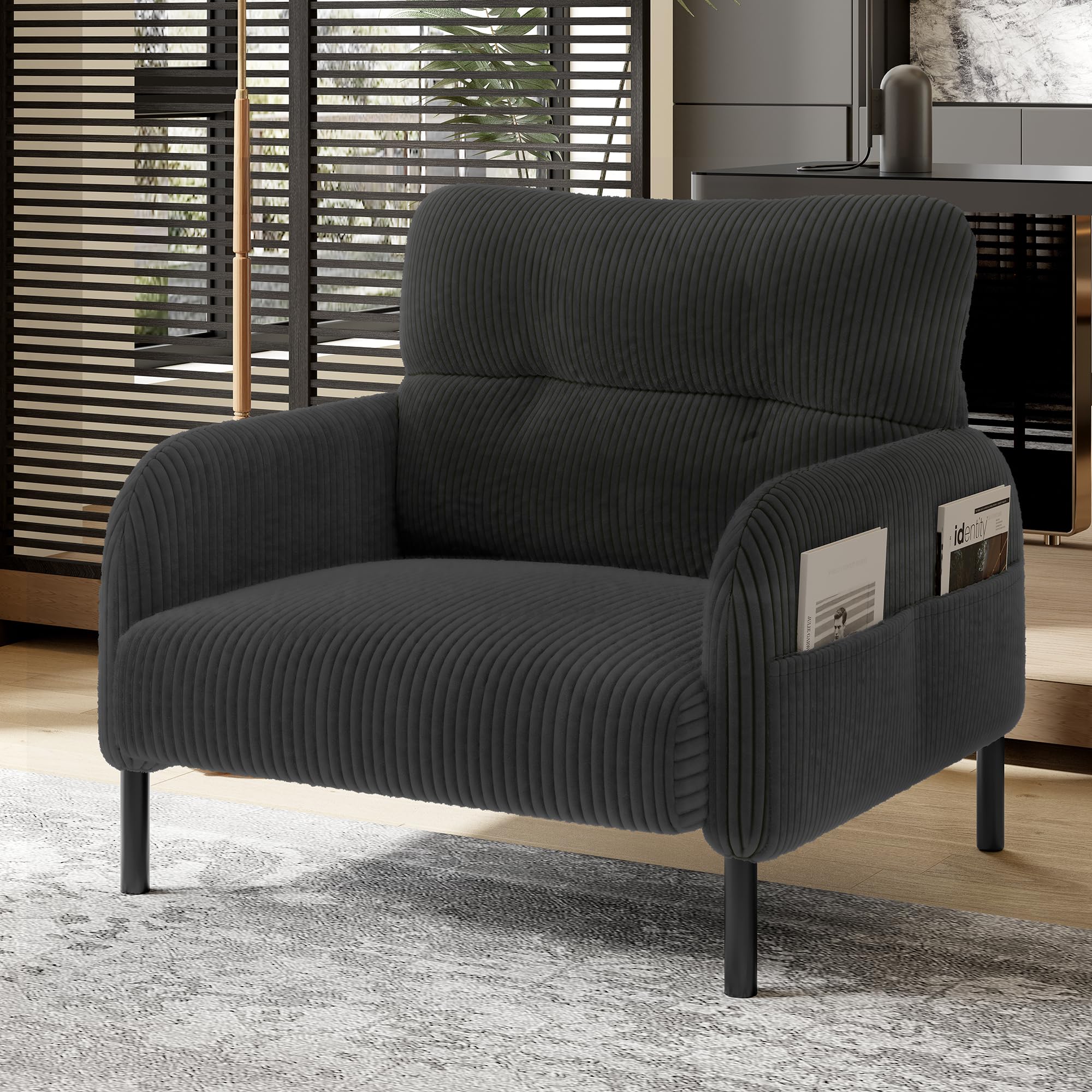 Poltrona moderna per soggiorno, imbottita con tasche laterali, comoda poltrona da lettura con rivestimento in velluto a coste e piedini in metallo, per soggiorno, camera da letto, ufficio