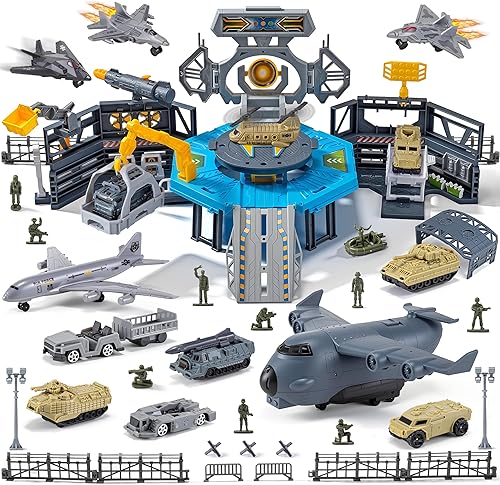 Juguete de Base Militar, Set de Juguetes del Ejército con 14 Vehículos Avión Avión Tanque Camiones Helicóptero Jet de Combate, Tapete de Juego con