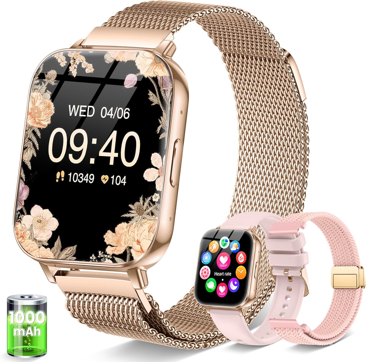 Smart Watch for Women 1000mAh with 3 Band Compatible iPhone & Android 44MM | 30+ Day Battery Life Make/Answer Call with Heart Rate/SpO2/Sleep Monitor, 120+Sport Mode Waterproof Fitness Tracker,Rose Gold