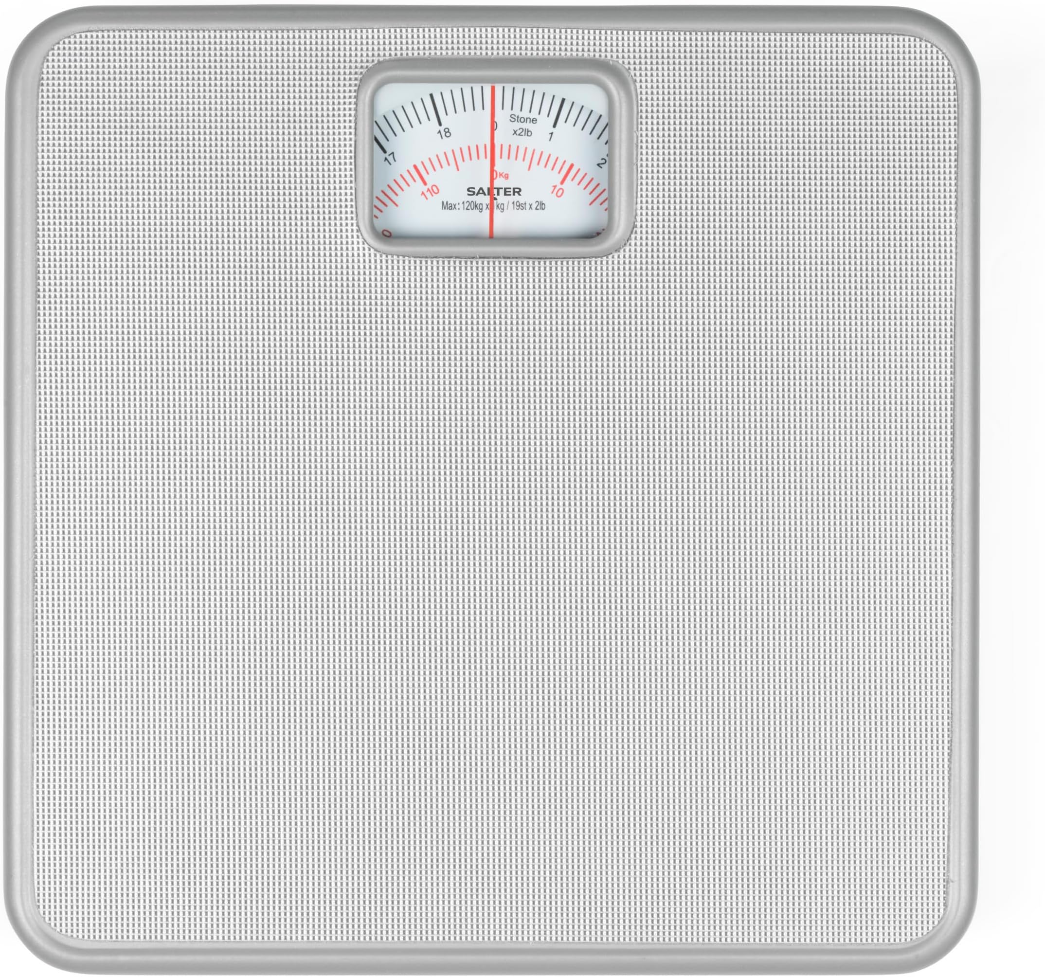 Salter 433 SVDR Mechanical Bathroom Scale – Body Weight Scale with 120 KG Capacity, Large Platform with Non-Slip Mat, Easy to Read Rotating Dial, No Batteries Required, Weigh In kg/st/lbs, Silver