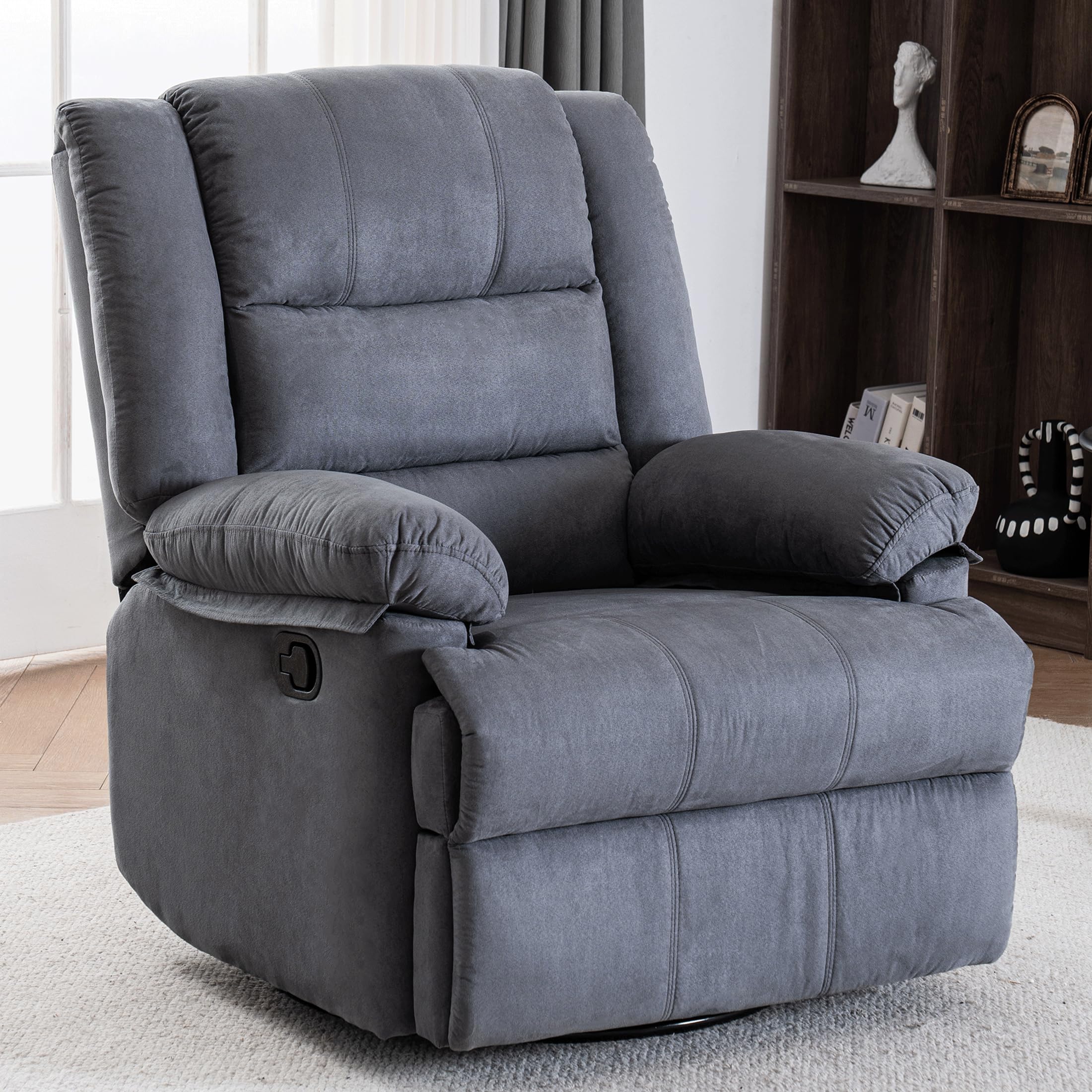 Swivel Rocking Recliner Chair for Adults, Overstuffed Manual Rocker Nursery Recliner Glider, Upholstered Fabric Reclining Single Sofa Chair for Living Room (Grey Fabric)
