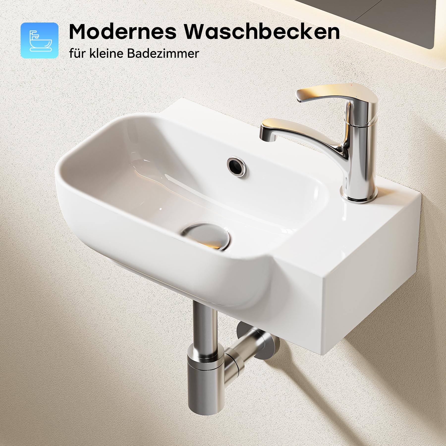 HOROW Eck Waschbecken Klein 40 × 25 cm hart kratzfest für Gäste-WC | Keramik Aufsatzwaschbecken mit Hahnloch & Überlauf, Waschschalen DIN-Norm, Einfache Wandmontage & Aufsatzmontage Modernes Bad