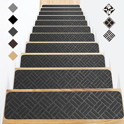 GOYLSER Peldaños de escalera para escaleras de madera para interiores con autoadhesivo, tiras de agarre de fieltro para alfombras de escalera,